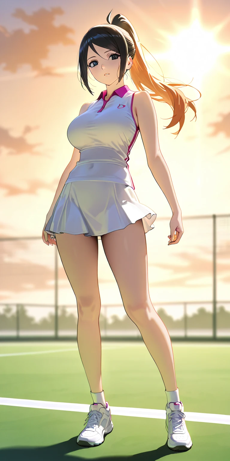 anime, beautiful face, highly detailed face, 2 accurate legs detailed eyes, highly detailed background, perfect lighting, accurate arms, accurate hands, accurate fingers, blonde hair, full body, 1girl, solo, ruby hoshino, oshi no ko, outdoors absurdres, high res, ultrasharp, 8K, masterpiece, looking at the opponent, (full body:1.4), teasing smile, gym clothes, tight sports wear, playing tennis against someone, cleavage, on a sports pitch