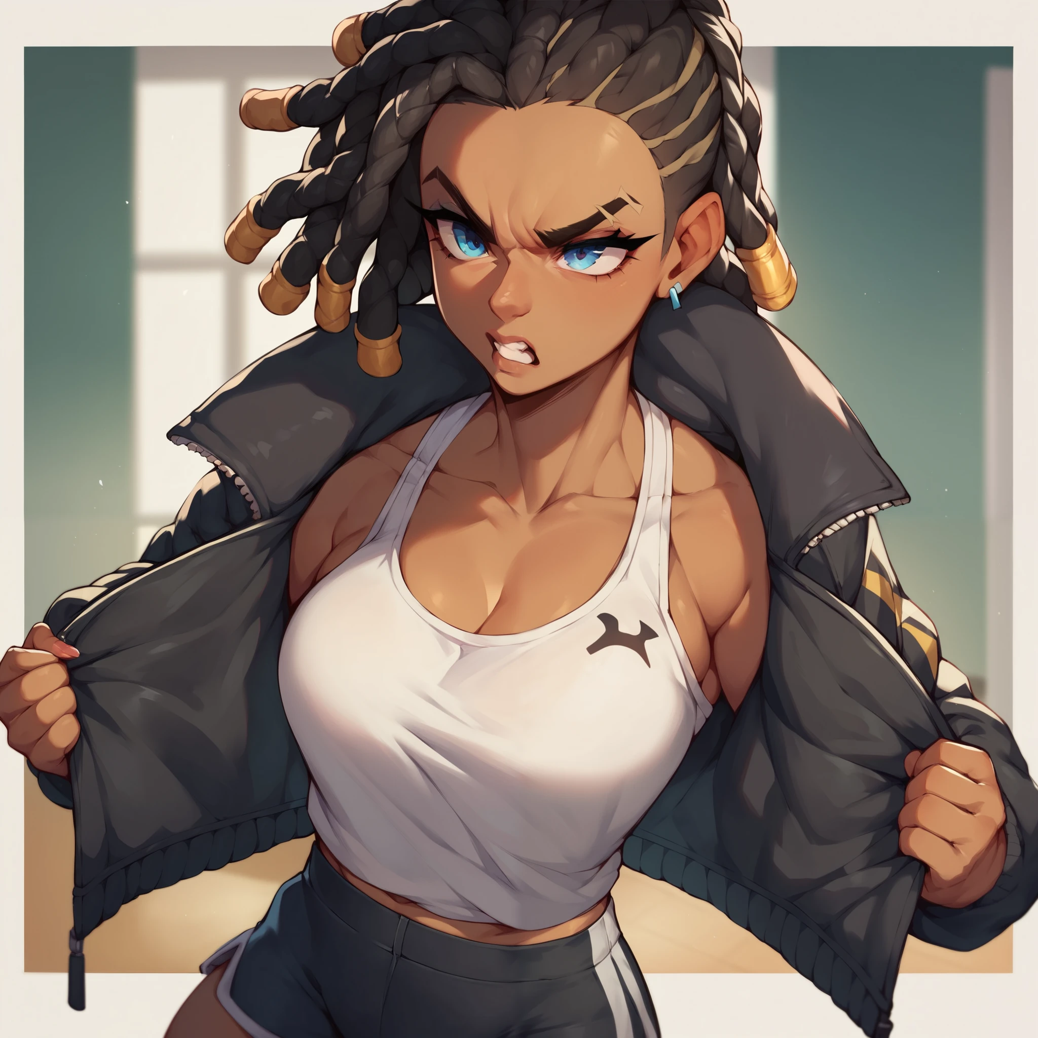 dark skin middle aged small drugged Jamaican , tired and moody, on drugs, messy black dreads, tattoos, hands wrapped in bandage, ripped shorts, tank top, breasts spillage, holding nunchaku