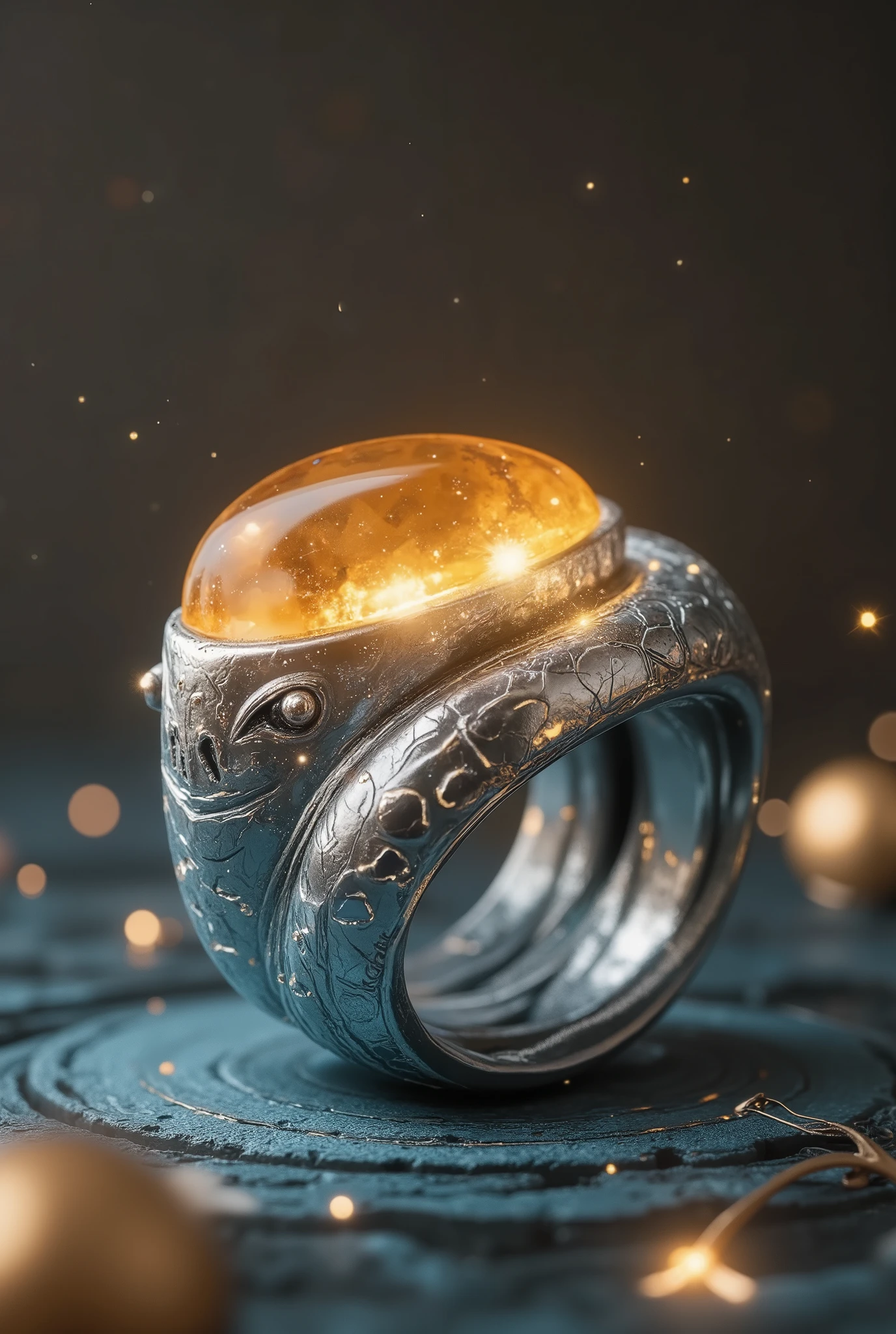 A meticulously crafted snake zodiac ring design, featuring a glowing amber gemstone at its center. The ring is ethereal in nature, exuding a soft, radiant glow that seems to emanate from within. Intricate engravings of "2025" are delicately etched into the surface, adding a personal and futuristic touch. Surrounding the gemstone, a starry sky effect swirls, creating a cosmic and mystical atmosphere. The snake itself is beautifully sculpted, its body forming elegant curves, with a shimmering, almost magical quality. The overall composition is bathed in soft, ambient lighting, enhancing the luminous reflections and creating an otherworldly feel. The high-precision rendering captures every fine detail, from the delicate texture of the amber to the subtle glow of the stars, all brought together in a close-up shot that highlights the beauty and mystery of this unique piece.