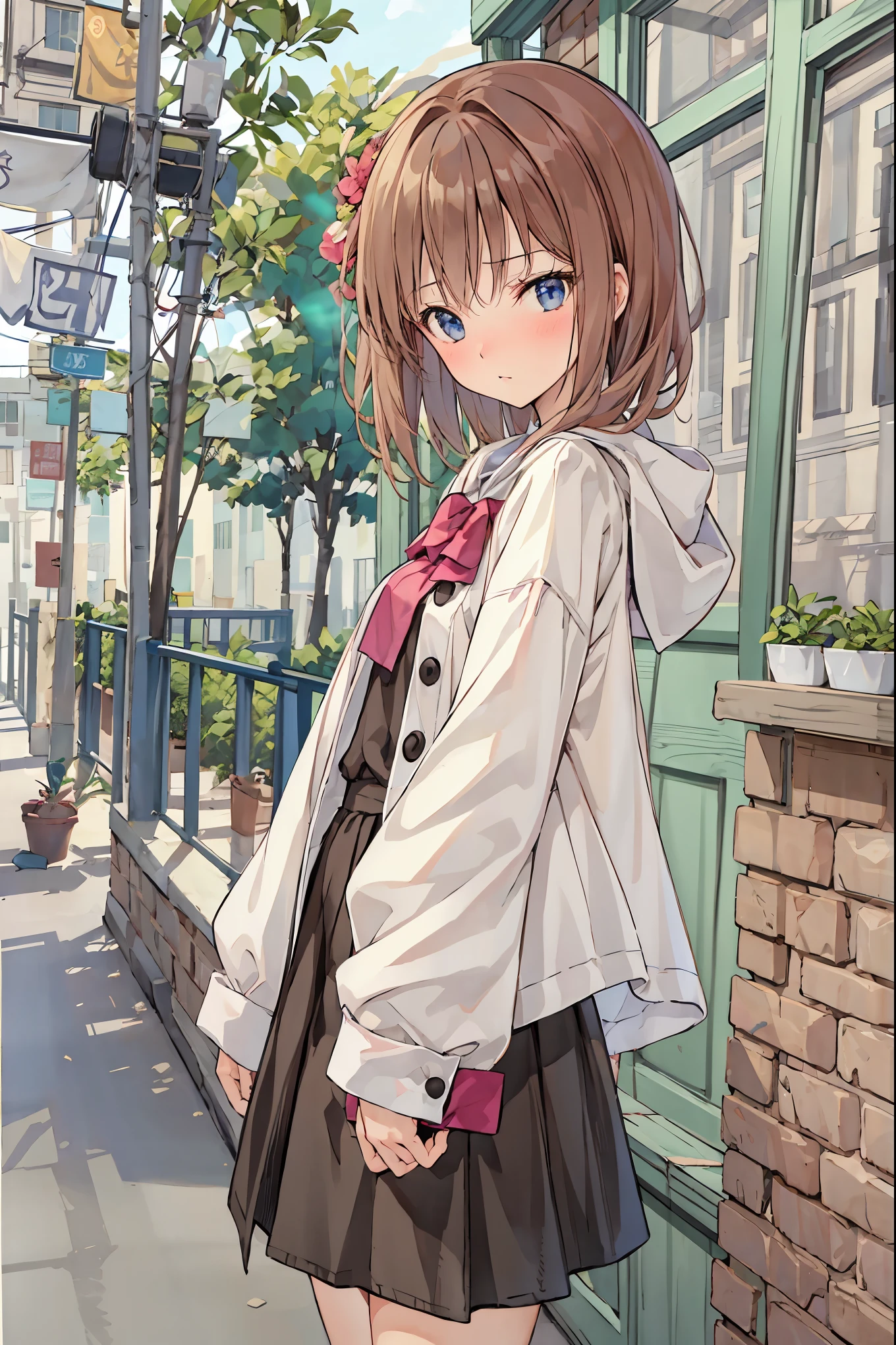 ( Masterpiece), top quality, cute girl leaning on a wall, embarrassed, , Intimate moments, cute, cropped shirt, Look Down, high angle, close, BREAK she is embarrassed, she is , forest setting , cute imgae