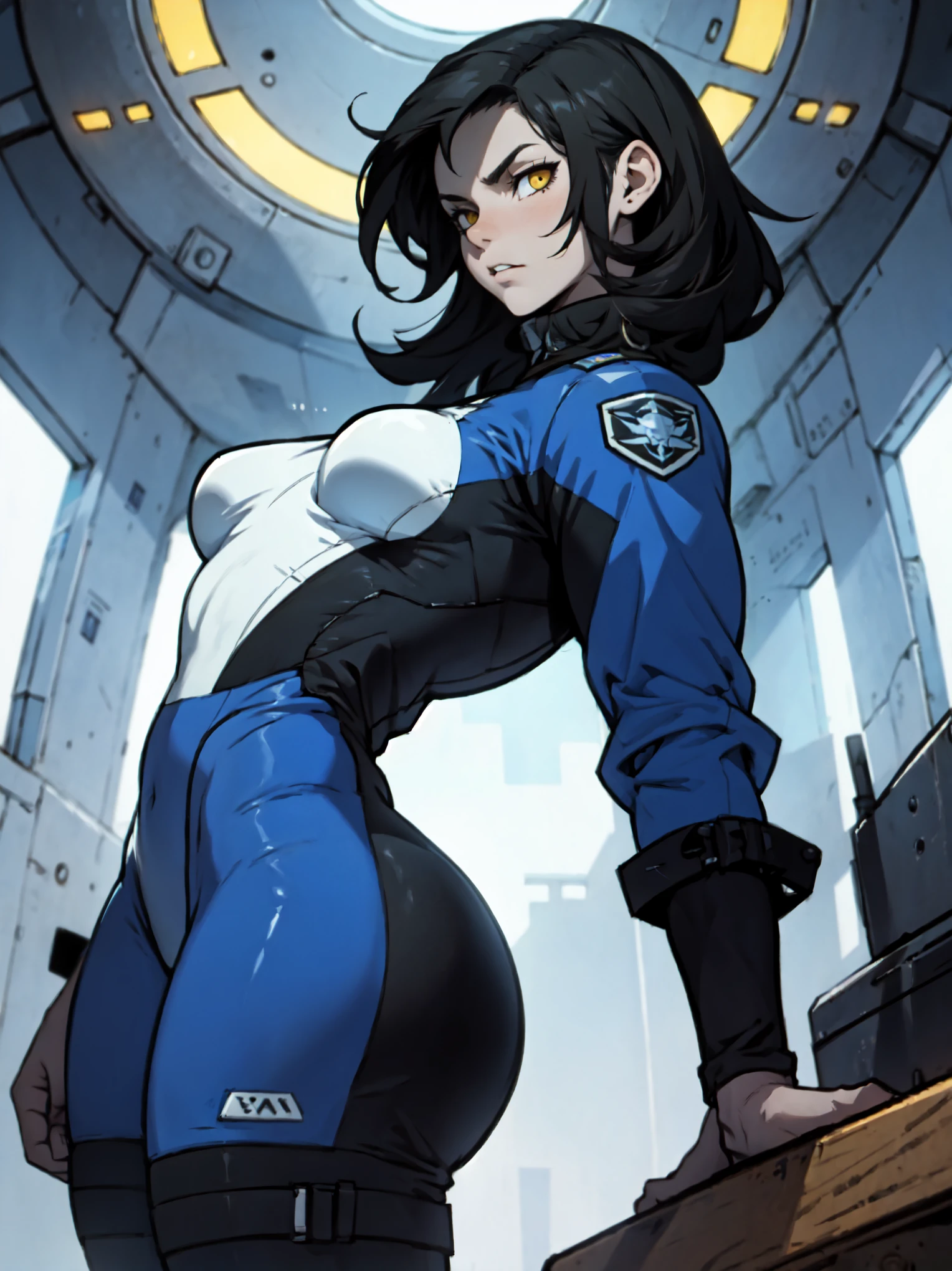 closed mouth, (16 years old), ((1girl)), ((((solo))), (((alone))), (((genderbend))), (((female))), wide hips, thick thighs, huge breast, narrow waist, ((porn movie)), ((sexy skin tight latex blue celestial being pilot suit)), ((anime artstyle)), long eyelashes, ((((long black hair)))), ((prostitute)), (((at night))), (red lipstick), (black eyeshadow), (in the dark), smiling, (((ripped clothes))).
