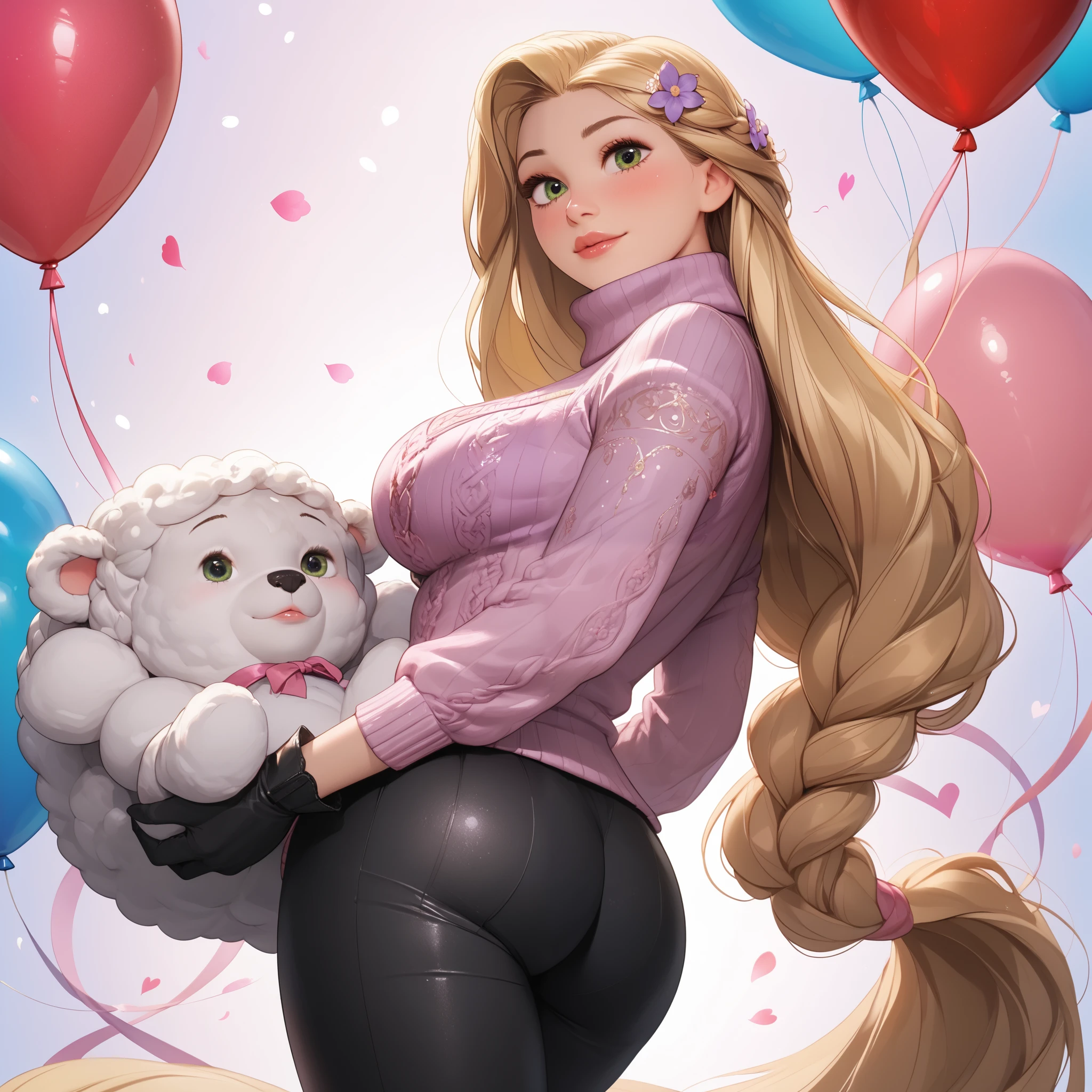 (beautiful girl:1.3),1girl,masterpiece,Highest quality,Ultra-high resolution,rich contrast,super high quality,8k,Highly detailed CG unit wallpaper,texture,Incredibly absurd,Ultra-high resolution,Highest quality anime,professional photograph,an extremely delicate and beautiful,RAW Photos,Depth of Field 1.2,ultra-detailed eyes,Glitter Effect,Beautiful glossy lips, 25years old, gorgeous legs, noise perfect, gorgeous ass, Disney's Rapunzel Princess, green eyes, dynamic pose, parted lips, GREEN eyes, blonde hair, long hair, braid, very long hair, flower, hair flower, hair ornament, single braid, no bra, sensual woman, seductive woman, mature woman, Milf, maternal, shy look, full body,Setting: A fair with neon lights, She is holding a teddy bear with a red bow and several heart balloons float around her. Her eyes reflect love and sweetness, Outfit: An oversized burgundy sweater with a turtleneck, leather leggings and tall black boots. Accessories: Wool gloves, a scarf in pink tones and a knitted hat with a pompom. Hair and makeup: Messy braids, natural makeup with a little highlighter and raspberry lips. in a cafeteria decorated with garlands of hearts,
