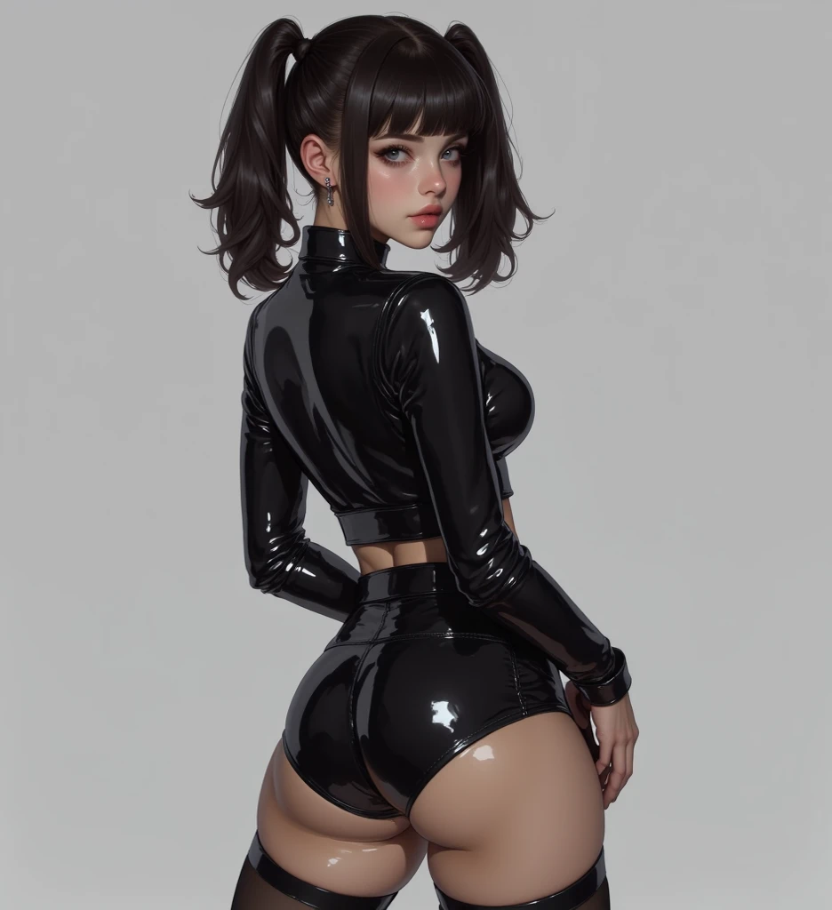 a cute girl, wearing a latex, cute pose, sadistic smile, in the style of the soft aurorapunk color palette, an anime illustration of her face, she see her ass, turned away, hand-drawn animation, charming sketches, soft and bright, hazy romanticism, superplane style, full figure, whte background 1:1--niji 5--expressive style