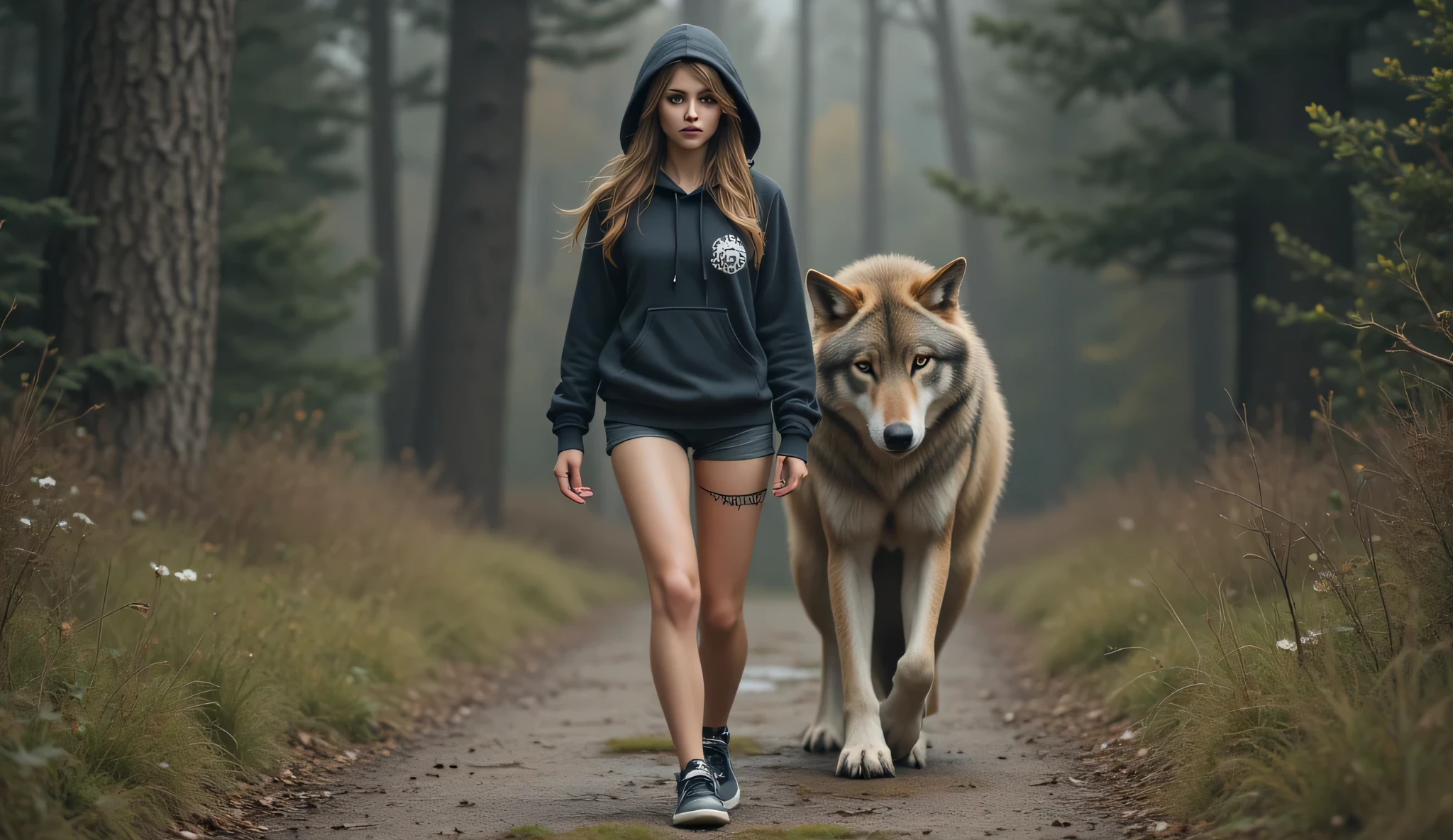 Sexy and beautiful gamer girl from Poland in her late twenties. She has a slim and toned body. She is dressed in a hoodie and shorts. She has long and sexy legs. She is wearing sports shoes. She is walking. Behind her there is a huge wolf. They are both walking towards the camera.