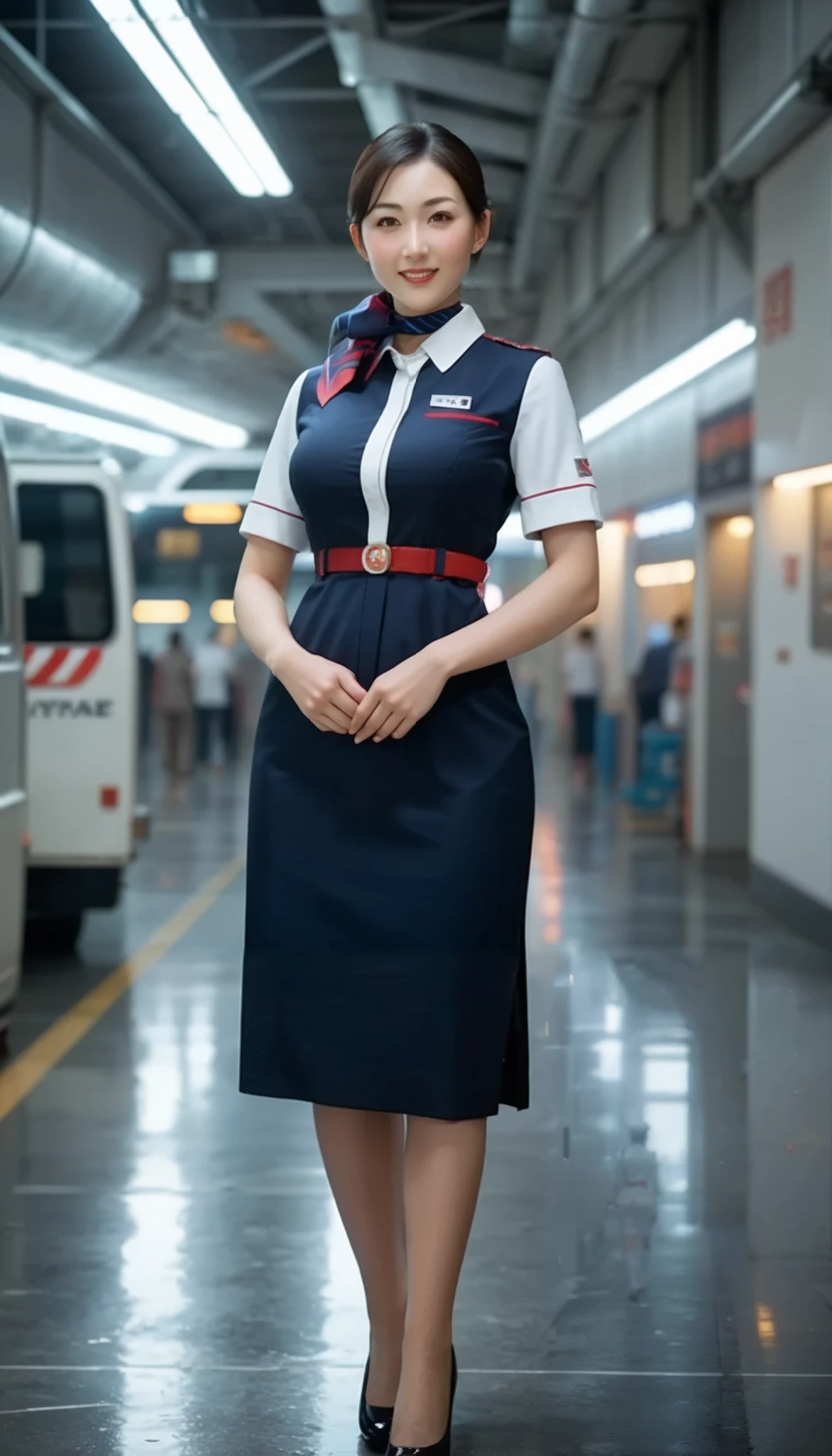 (((( Masterpiece)))), (((( top quality)))), nothing ,fine grain, detailed face, Detailed Expression Description , fine grain 、 detailed face、 detail hair 、 Sparkling Skin 、sweat、, Japan airline's flight attendant , A uniform that fits the skin ,  , tight skirt 、 , big breasts , full body shot ,