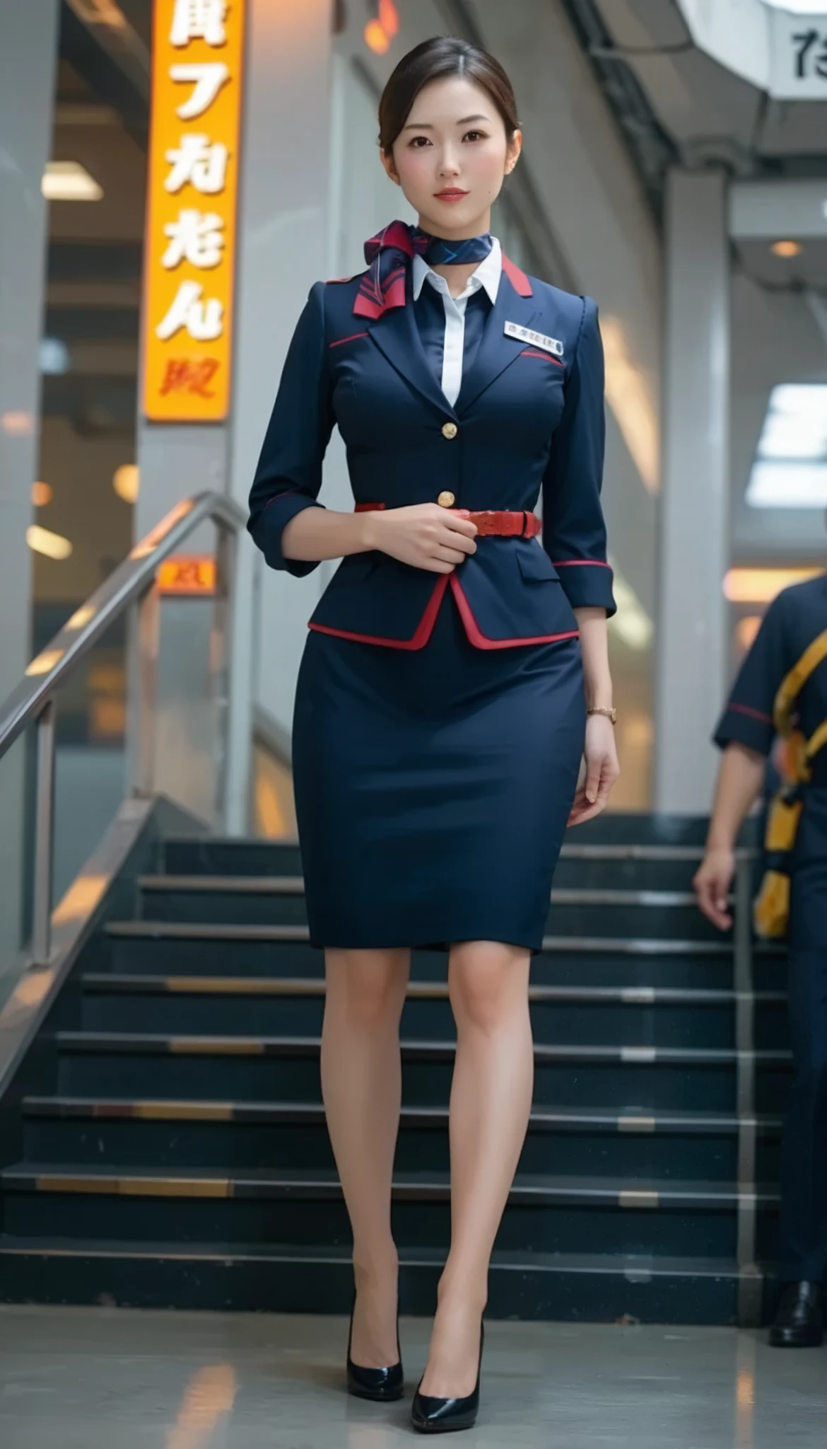 (((( Masterpiece)))), (((( top quality)))), nothing ,fine grain, detailed face, Detailed Expression Description , fine grain 、 detailed face、 detail hair 、 Sparkling Skin 、sweat、, Japan airline's flight attendant , A uniform that fits the skin ,  , tight skirt 、 , big breasts , full body shot ,