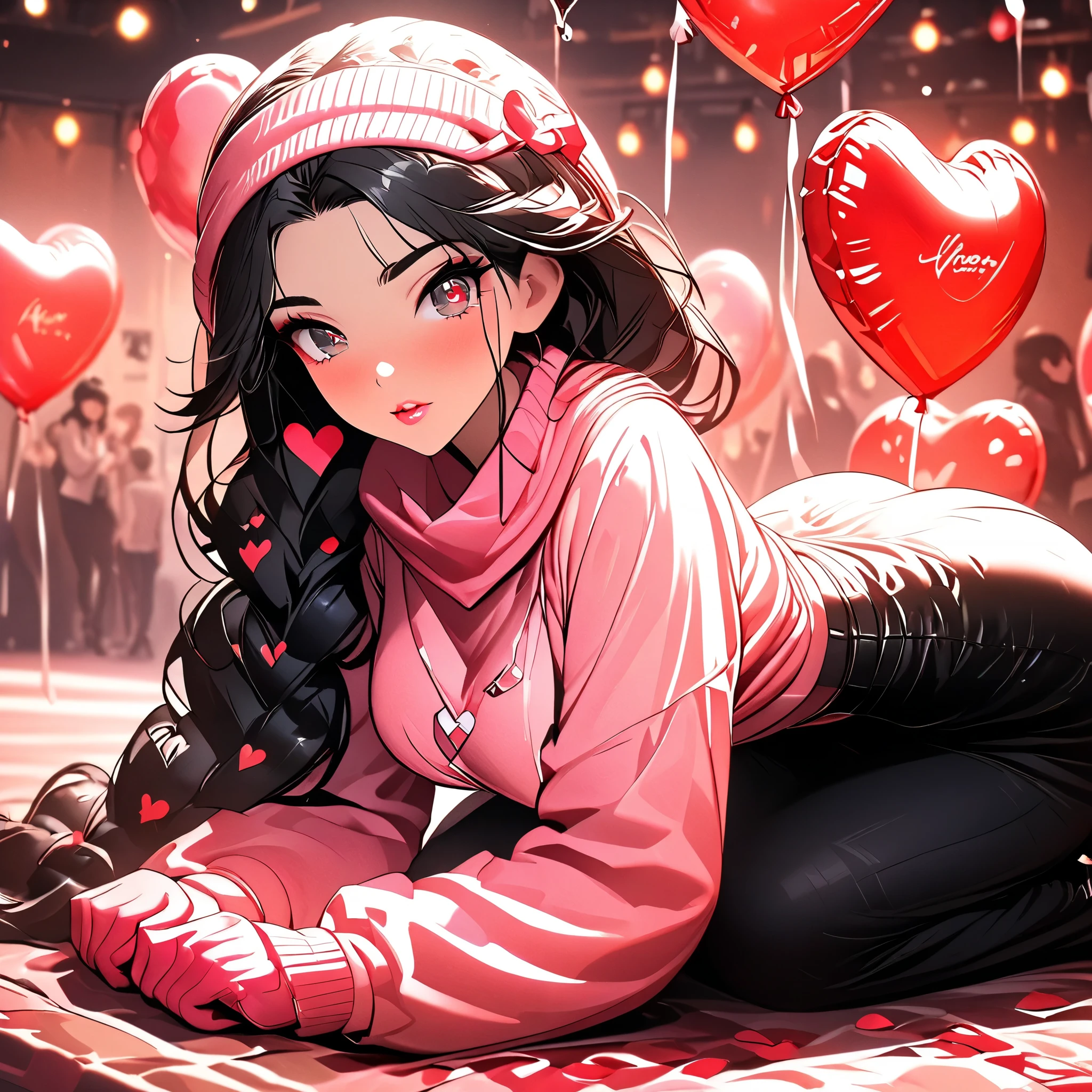 (beautiful girl:1.3),1girl,masterpiece,Highest quality,Ultra-high resolution,rich contrast,super high quality,8k,Highly detailed CG unit wallpaper,texture,Incredibly absurd,Ultra-high resolution,Highest quality anime,professional photograph,an extremely delicate and beautiful,RAW Photos,Depth of Field 1.2,ultra-detailed eyes,Glitter Effect,Beautiful glossy lips, 25years old, gorgeous legs, noise perfect, gorgeous ass, Disney's Jazmin Princess, brown eyes, dynamic pose, black hair, long loose hair, skinny jeans, translucent white blouse, long sleeves, no bra, sensual woman, seductive woman, mature woman, Milf, maternal, shy look, full body, DisyneyJasmine, 1girl, black hair, brown eyes, braid, long hair, JasmineWaifu, jewelry, very long hair, Setting: A fair with neon lights, She is holding a teddy bear with a red bow and several heart balloons float around her. Her eyes reflect love and sweetness, Outfit: An oversized burgundy sweater with a turtleneck, leather leggings and tall black boots. Accessories: Wool gloves, a scarf in pink tones and a knitted hat with a pompom. Hair and makeup: Messy braids, natural makeup with a little highlighter and raspberry lips. in a cafeteria decorated with garlands of hearts,