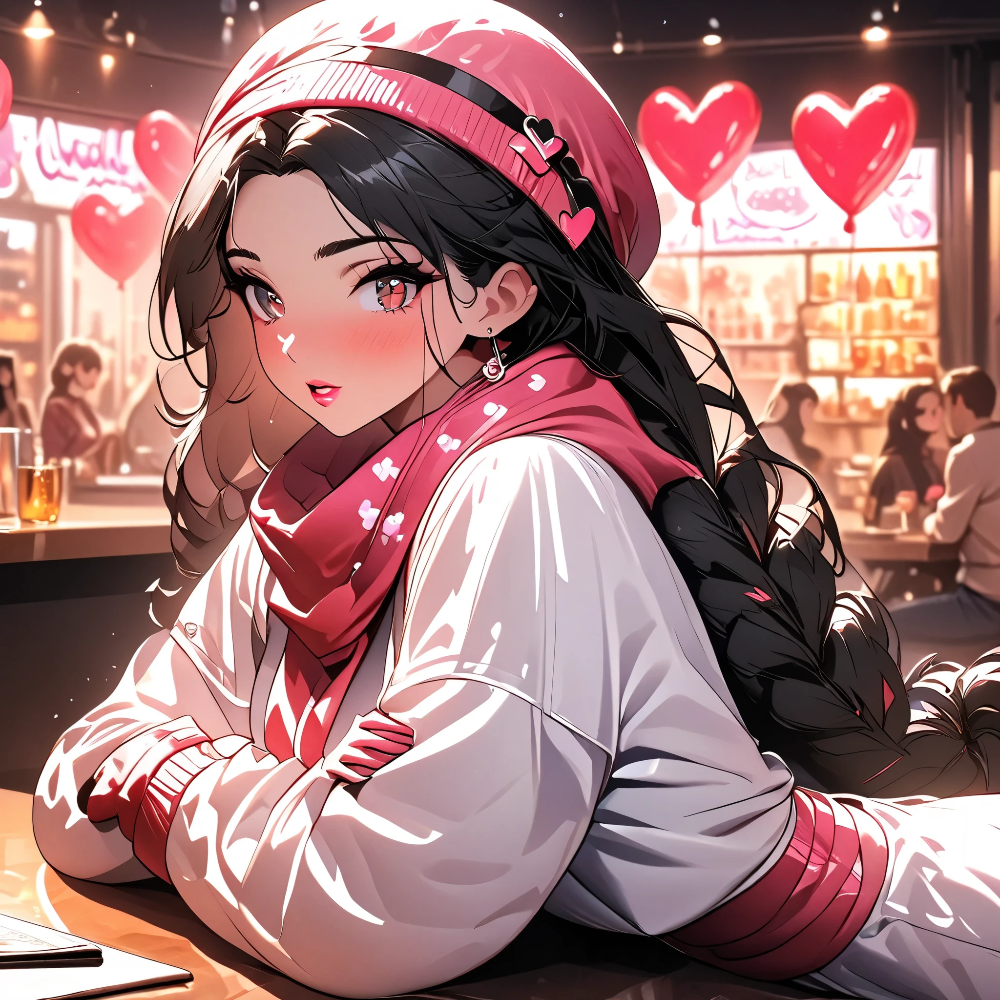(beautiful girl:1.3),1girl,masterpiece,Highest quality,Ultra-high resolution,rich contrast,super high quality,8k,Highly detailed CG unit wallpaper,texture,Incredibly absurd,Ultra-high resolution,Highest quality anime,professional photograph,an extremely delicate and beautiful,RAW Photos,Depth of Field 1.2,ultra-detailed eyes,Glitter Effect,Beautiful glossy lips, 25years old, gorgeous legs, noise perfect, gorgeous ass, Disney's Jazmin Princess, brown eyes, dynamic pose, black hair, long loose hair, skinny jeans, translucent white blouse, long sleeves, no bra, sensual woman, seductive woman, mature woman, Milf, maternal, shy look, full body, DisyneyJasmine, 1girl, black hair, brown eyes, braid, long hair, JasmineWaifu, jewelry, very long hair, Setting: A fair with neon lights, She is holding a teddy bear with a red bow and several heart balloons float around her. Her eyes reflect love and sweetness, Outfit: An oversized burgundy sweater with a turtleneck, leather leggings and tall black boots. Accessories: Wool gloves, a scarf in pink tones and a knitted hat with a pompom. Hair and makeup: Messy braids, natural makeup with a little highlighter and raspberry lips. in a cafeteria decorated with garlands of hearts,