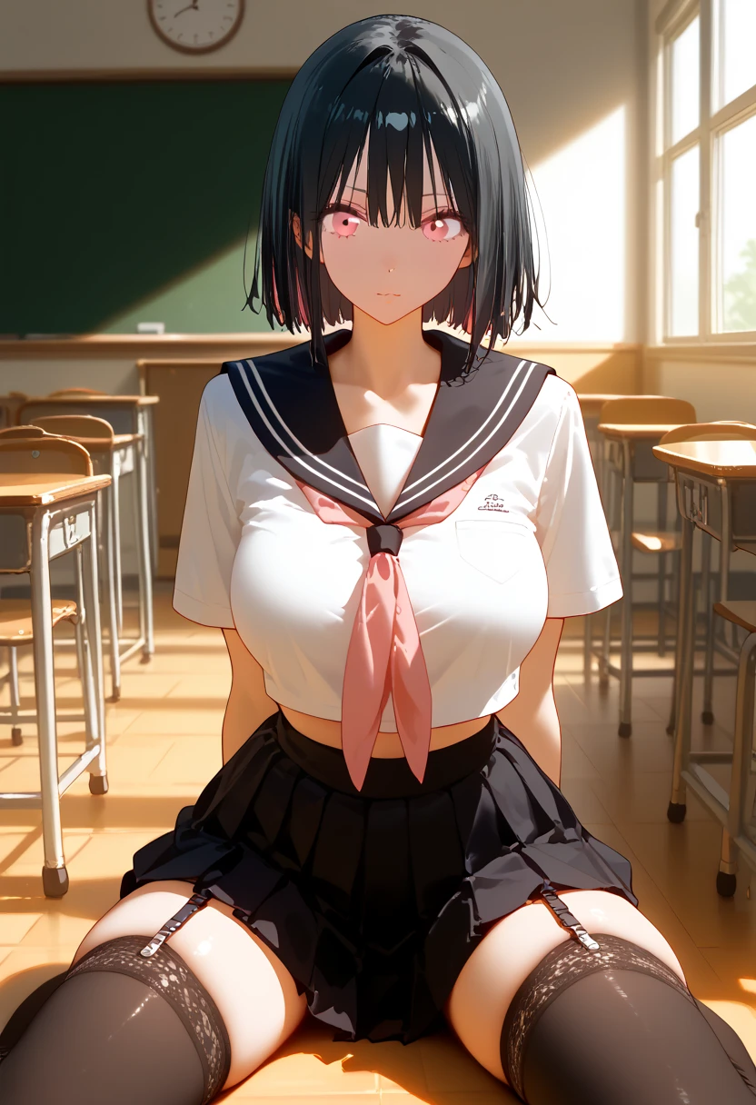 (((NSFW)))、((Masterpiece, Highest quality、Super detailed, Attention to detail))、Tabletop、girl、((high school girl、Black Hair、Short Hair、Slit eyes、Red Eyes、eight-headed body、Model-like style、Slender、School uniforms))、(White Shirt、Black Skirt、Black knee-high socks、Black Loafers)、Silver earringultiple silver accessories、Silver Ring、Silver Ring、bandギャル、(((Red electric guitar)))、(((liveハウス、live、band、Dim lighting)))、(((Straddling the guitar)))、((live中、Playing the guitar、In front of the audience))、((No bra、No underwear))、(((Sweating a lot、Sweat dripping、Sweat vapor)))、(((Body odor)))、((Sweaty smell、Clothes get wet、Sweat stains))、((((Love juice overflows from the vagina))))、((Angle from below、I can see the vagina))、((Skirt flipped up))、smile、(((Put your finger in your vagina)))