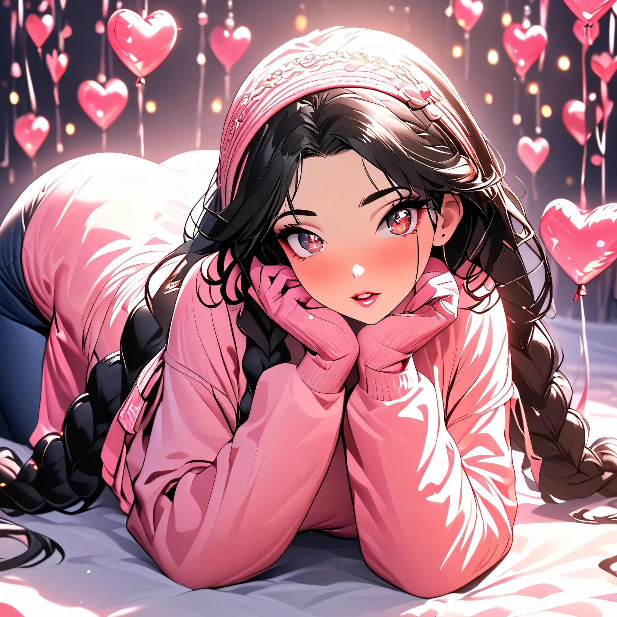 (beautiful girl:1.3),1girl,masterpiece,Highest quality,Ultra-high resolution,rich contrast,super high quality,8k,Highly detailed CG unit wallpaper,texture,Incredibly absurd,Ultra-high resolution,Highest quality anime,professional photograph,an extremely delicate and beautiful,RAW Photos,Depth of Field 1.2,ultra-detailed eyes,Glitter Effect,Beautiful glossy lips, 25years old, gorgeous legs, noise perfect, gorgeous ass, Disney's Jazmin Princess, brown eyes, dynamic pose, black hair, long loose hair, skinny jeans, translucent white blouse, long sleeves, no bra, sensual woman, seductive woman, mature woman, Milf, maternal, shy look, full body, DisyneyJasmine, 1girl, black hair, brown eyes, braid, long hair, JasmineWaifu, jewelry, very long hair, Setting: A fair with neon lights, She is holding a teddy bear with a red bow and several heart balloons float around her. Her eyes reflect love and sweetness, Outfit: An oversized burgundy sweater with a turtleneck, leather leggings and tall black boots. Accessories: Wool gloves, a scarf in pink tones and a knitted hat with a pompom. Hair and makeup: Messy braids, natural makeup with a little highlighter and raspberry lips. in a cafeteria decorated with garlands of hearts,