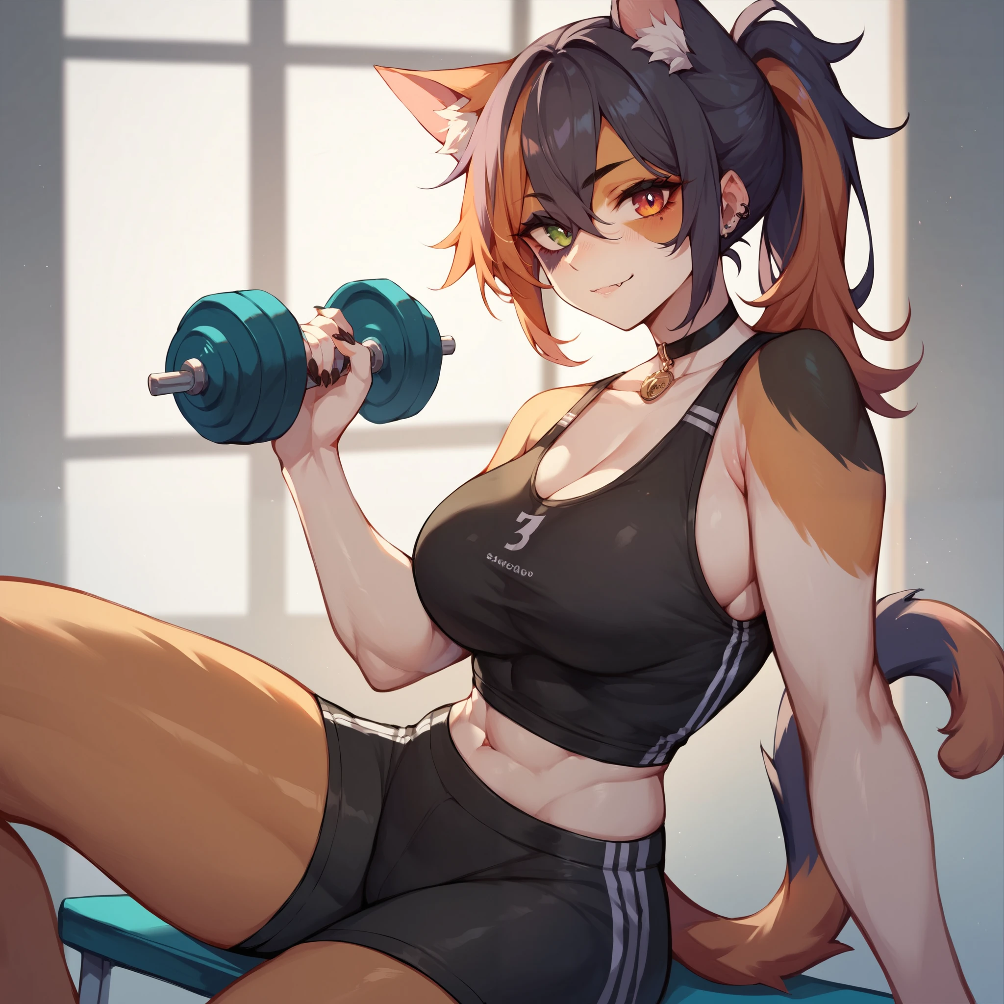 (anthro)) fox, Ross Tran, by ruan jia, by zaush, by foxovh, by cutesexyrobutts, by cervina_7, by sligarthetiger, Best Quality, masterpiece,, Illustration, Wallpaper,1girl in, Solo, orange fur, black hair,ponytail hair, hair black with highlights blue, dot piercings 3 in 2 row down her snoot, purple/pink eyes, Beautiful detailed girl, extremely detailed eye and face, black dragon tattoo on her arm, Beautiful detailed eyes, natural_Lighting, Looking at Viewer, Thick_thighs, big ass, tall, hourglass figure, fit body, abs, muscular, sweaty, female, cute, wearing gym cloths, in gym, bench pressing, lifting bar with weights, view from top to bottom , large breasts, natural breasts, tail, tall, happy expresion, wide hips thin waist, 8k