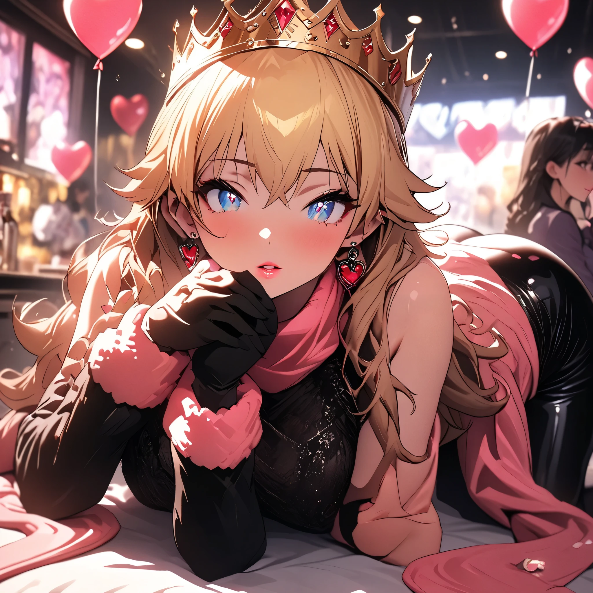 (beautiful girl:1.3),1girl,masterpiece,Highest quality,Ultra-high resolution,rich contrast,super high quality,8k,Highly detailed CG unit wallpaper,texture,Incredibly absurd,Ultra-high resolution,Highest quality anime,professional photograph,an extremely delicate and beautiful,RAW Photos,Depth of Field 1.2,ultra-detailed eyes,Glitter Effect,Beautiful glossy lips, 25years old, gorgeous legs, noise perfect, gorgeous ass, dynamic pose, sensual woman, seductive woman, mature woman, Milf, maternal, shy look, full body, Princess Peach, 1girl, blonde hair, long hair, blue eyes, crown, jewelry, earrings, (type of photo: medium shot, portraying the person from head to waist), Setting: A fair with neon lights, She is holding a teddy bear with a red bow and several heart balloons float around her. Her eyes reflect love and sweetness, Outfit: An oversized burgundy sweater with a turtleneck, leather leggings and tall black boots. Accessories: Wool gloves, a scarf in pink tones and a knitted hat with a pompom. Hair and makeup: Messy braids, natural makeup with a little highlighter and raspberry lips. in a cafeteria decorated with garlands of hearts,