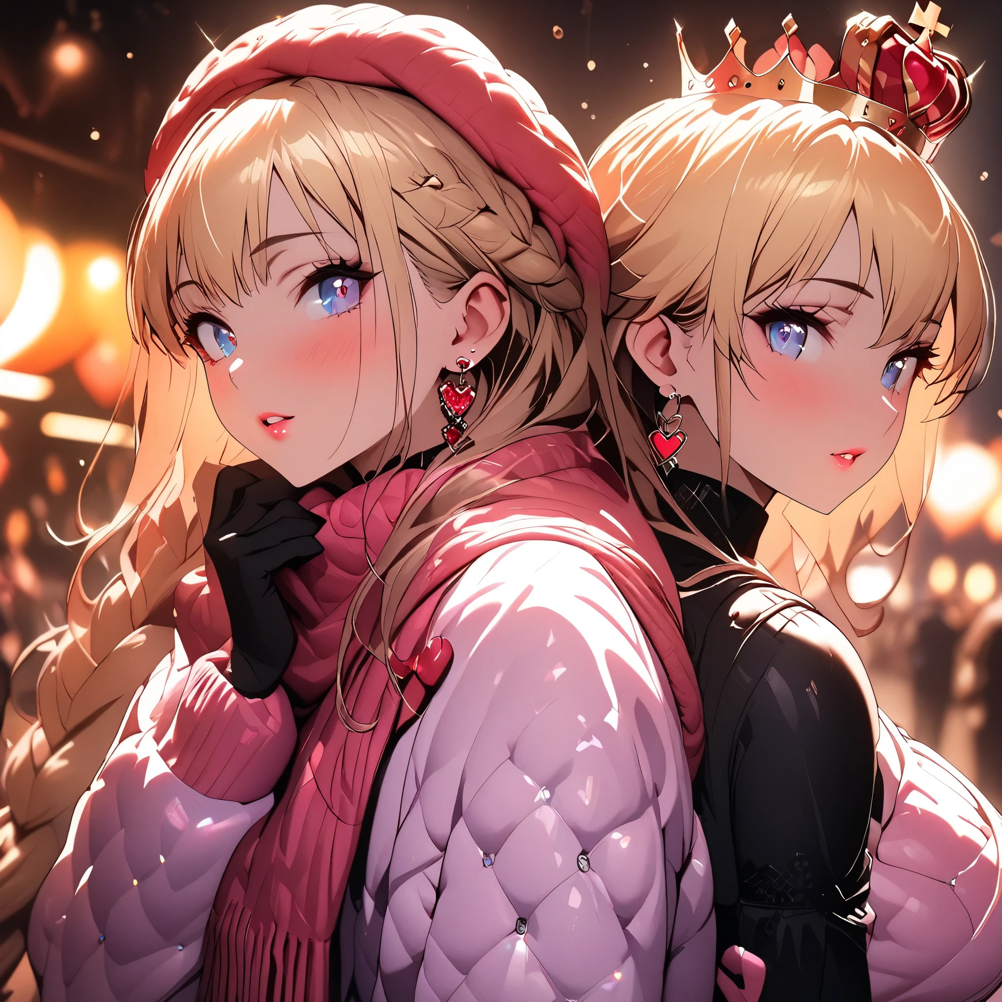 (beautiful girl:1.3),1girl,masterpiece,Highest quality,Ultra-high resolution,rich contrast,super high quality,8k,Highly detailed CG unit wallpaper,texture,Incredibly absurd,Ultra-high resolution,Highest quality anime,professional photograph,an extremely delicate and beautiful,RAW Photos,Depth of Field 1.2,ultra-detailed eyes,Glitter Effect,Beautiful glossy lips, 25years old, gorgeous legs, noise perfect, gorgeous ass, dynamic pose, sensual woman, seductive woman, mature woman, Milf, maternal, shy look, full body, Princess Peach, 1girl, blonde hair, long hair, blue eyes, crown, jewelry, earrings, (type of photo: medium shot, portraying the person from head to waist), Setting: A fair with neon lights, She is holding a teddy bear with a red bow and several heart balloons float around her. Her eyes reflect love and sweetness, Outfit: An oversized burgundy sweater with a turtleneck, leather leggings and tall black boots. Accessories: Wool gloves, a scarf in pink tones and a knitted hat with a pompom. Hair and makeup: Messy braids, natural makeup with a little highlighter and raspberry lips. in a cafeteria decorated with garlands of hearts,