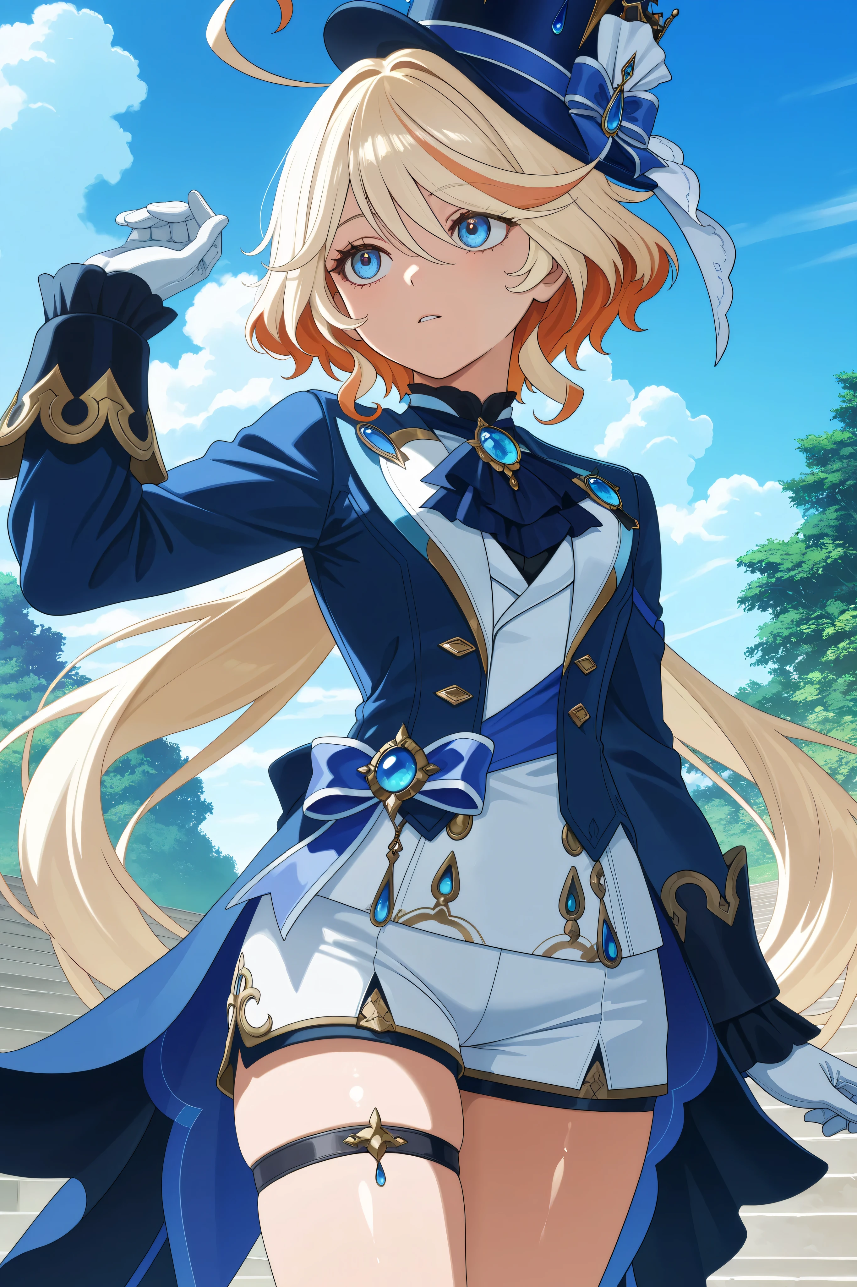 (masterpiece), best quality, safe, amazing quality, 2024, very aesthetic, anime_realistic, absurdres, highres, newest, HDR, 8K, high detail RAW color art, large pupil, eyelashes, amazing quality, 1girl, furinadef, ahoge, blue headwear, top hat, jacket, ascot, brooch, long sleeves, black gloves, white gloves, white shorts, thigh strap, furinarnd, ahoge shiny skin, (anime screencap:1.2)
