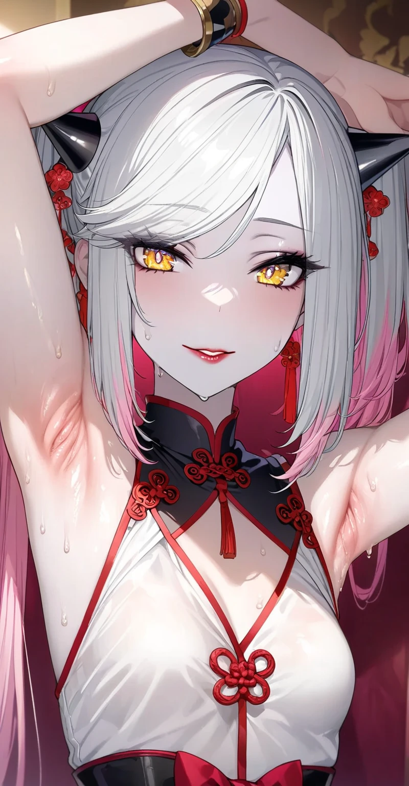 white hair,red eyes,white clothes red clothes,Short skirt,High heel,The body is surrounded by a white Chinese dragon。Long knife in hand。
