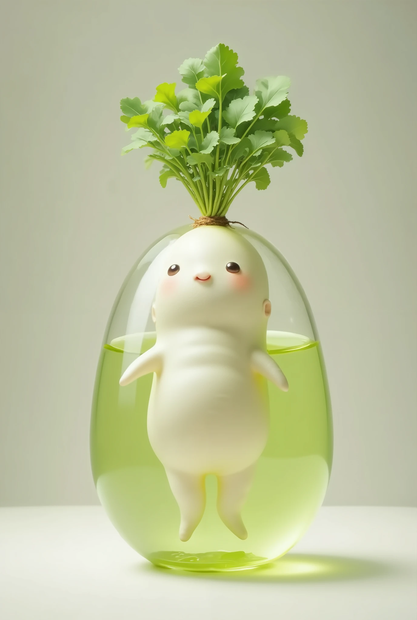 Nursery capsules that are completely filled with green water ,Radish characters in daycare capsules ,Alone, Japanese white radish character/(it has leaves),it is like a ,It is in daycare capsule, capsules are filled with lime green liquid