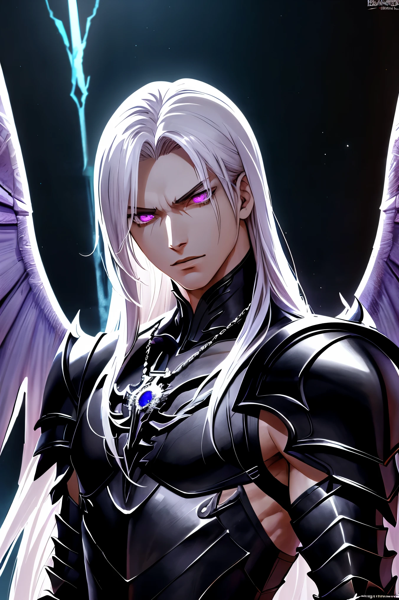 detailed eyes, detailed face, muscular, (solo male), half body of a male anime character, (Long white hair), (Purple eyes), (((wearing Evil looking armor))), (((black wings))), beautiful male god of death, archangel, cgi anime fantasy artwork, handsome guy in kingdom hearts art, male anime character, detailed digital anime art, detailed anime character art, badass anime, by Yang J, demon male, human male demon, son of sparda, Dynamic Lighting, Dark Shadows,