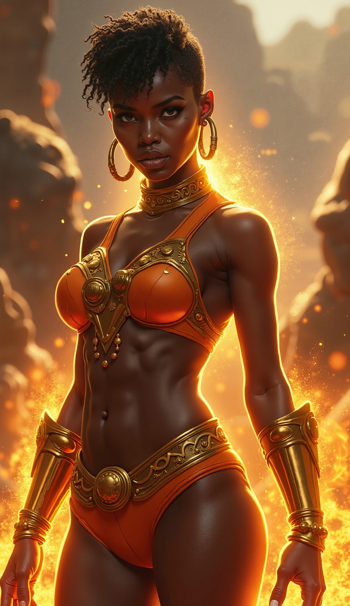 high resolution character art.,( dark-skinned female, spiritual power,23-year-old,, emmiting a visible aura., ), (black and orange hair in twintails, hetrochromia orange and gold Almond shaped eyes , full lips, full breast , big aluring ass, wide nubian concave nose, heart shaped strong physique, strong, alluring,)::10 ( black boots,sensual red and orange summer dress, red Stylistic 'R' tattoo on her abdomen. Her right hand on hip, left hand glowing silver . strong magnificent body , )::4 (masterpiece), high quality, Octane Render, intricate, intricate details, maximalist, highly detailed, finely detailed, ultra-detailed, Rival Schools, Edayn, udon, and Alex "oh8" Ahmed. The two-tone background features a busy festive futuristic street at night.