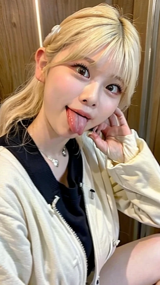 fleshglossy japanese gal, ahegao, blonde short hair, highschool student, peace sign by 2 hands, Award-winning photo, Very detailed, rolling eye, Face Focus, Mouth open, spread legs, Realistic nostrils、Elongated C-shaped nostrils,(Wet and shiny tongue),abs, in classroom, (((from above))),Browsing Caution,