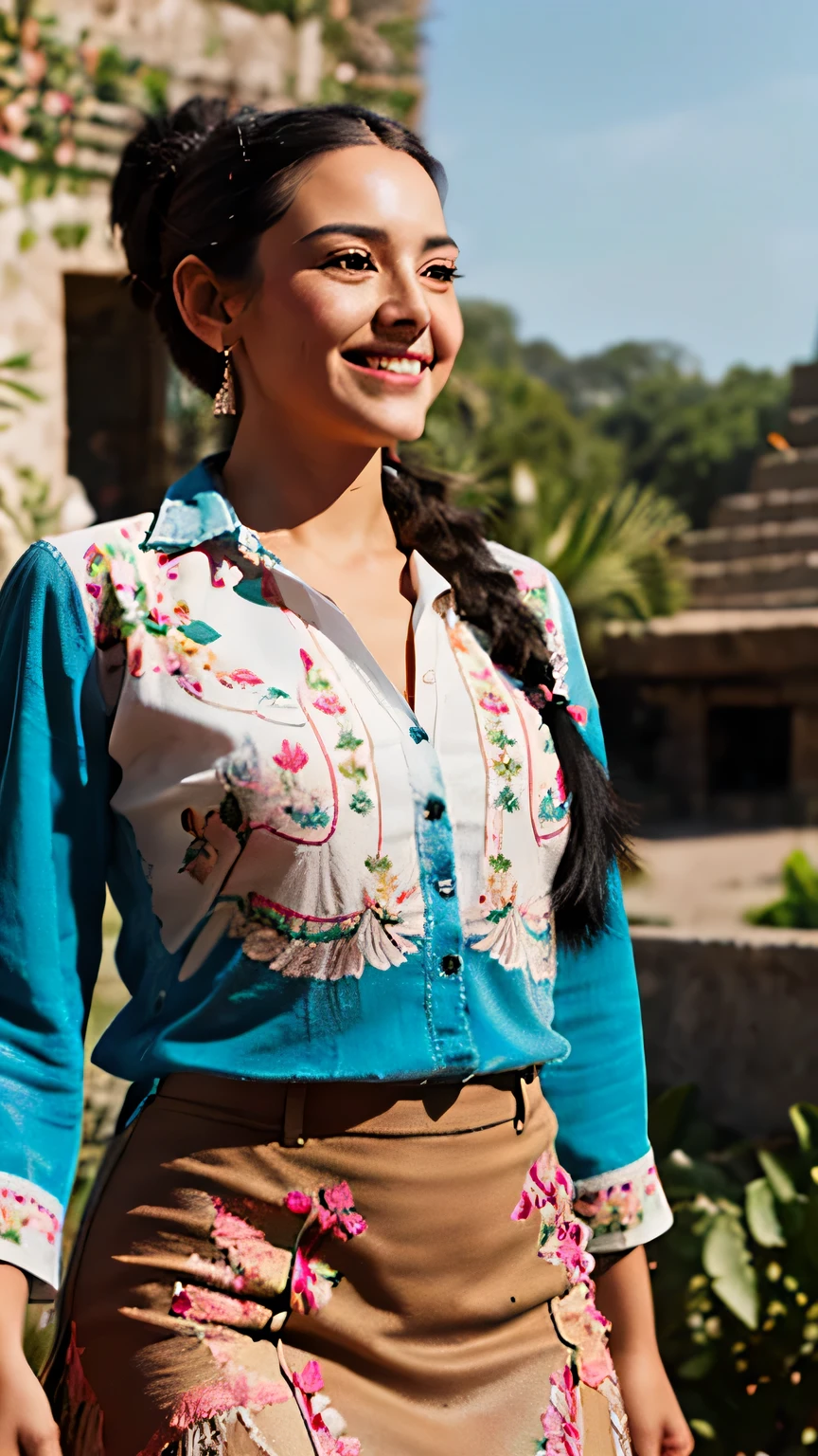 Mexican woman with long black hair, braided. Big, light-colored eyes. Smiling. Wearing a red, flowery blouse with a low neckline. Long black skirt. Her legs are visible. In front of a Mexican pyramid, in the middle of the jungle.