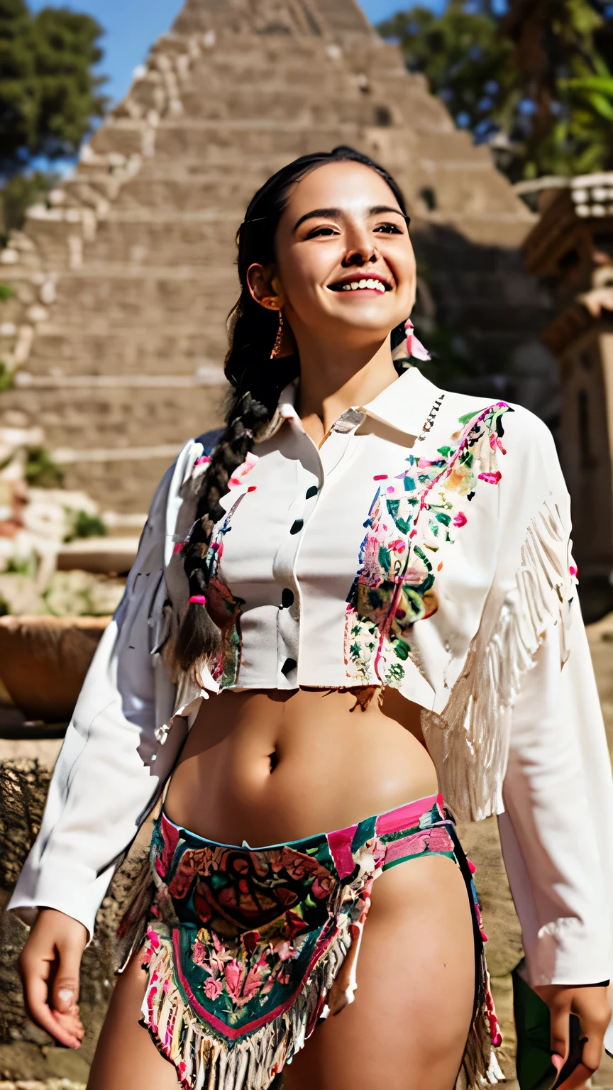 Mexican woman with long black hair, braided. Big, light-colored eyes. Smiling. Wearing a red, flowery blouse with a low neckline. Long black skirt. Her legs are visible. In front of a Mexican pyramid, in the middle of the jungle.