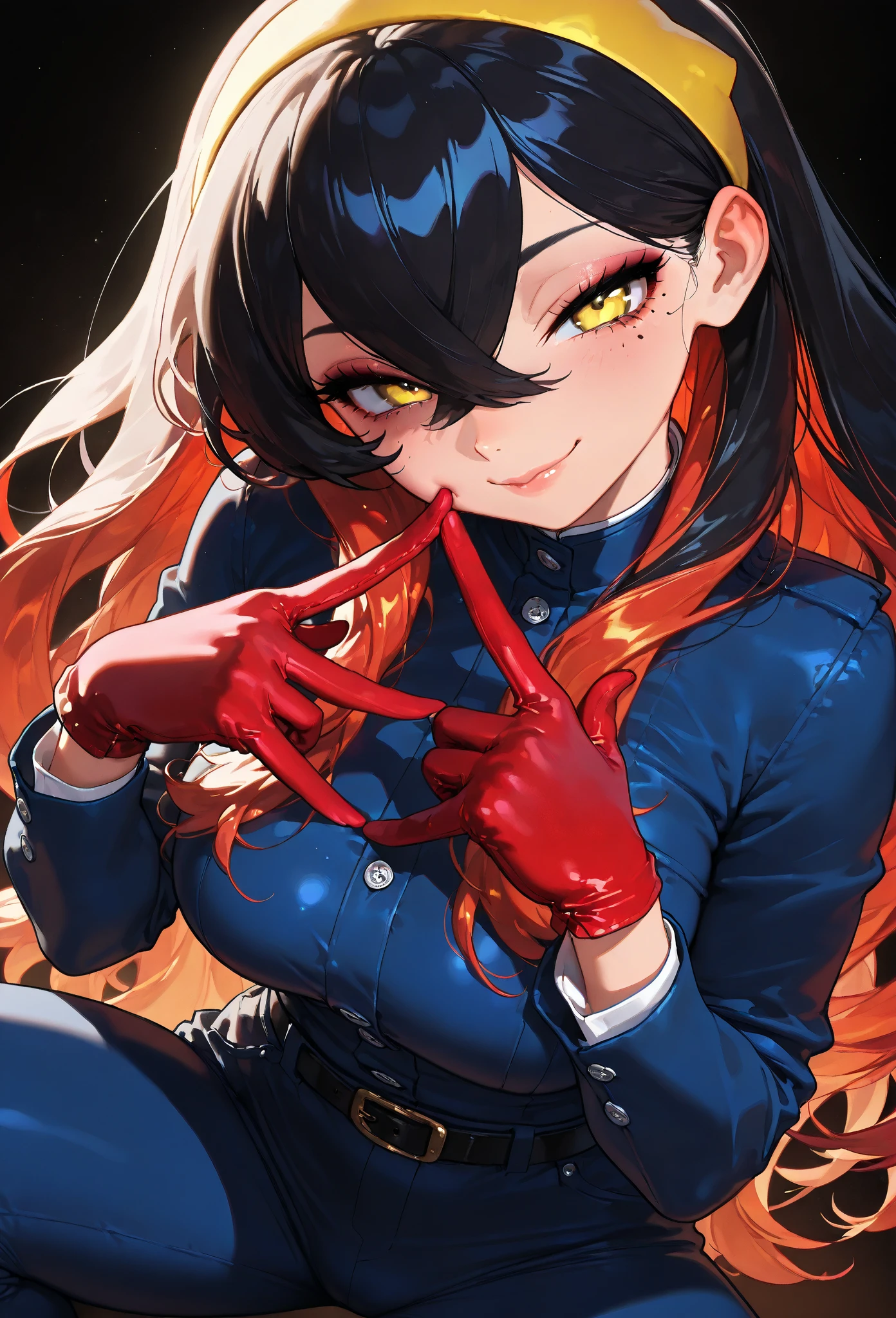 portrait, nsfw, cute girl, pokemoncarmine, black hair, colored inner hair, crossed bangs, hair between eyes, hairband, long hair, mole, mole under eye, multicolored hair, red hair, sidelocks, two-tone hair, yellow eyes, yellow hairband, buttons, long sleeves, jacket, gloves, red gloves, pants, belt, blue pants, blue jacket, black background, flawless smooth skin, oily skin, looking at viewer, seductive smile, head tilt, half closed eyes, (large breasts:0.7), (sagging breasts:0.7), (best quality,4k,8k,highres,masterpiece:1.2),ultra-detailed, intricate details, high fashion, dramatic lighting, warm colors, chiaroscuro, dynamic angle, face focus, dynamic pose, sexual pose, (4 fingers), (1 thumb),