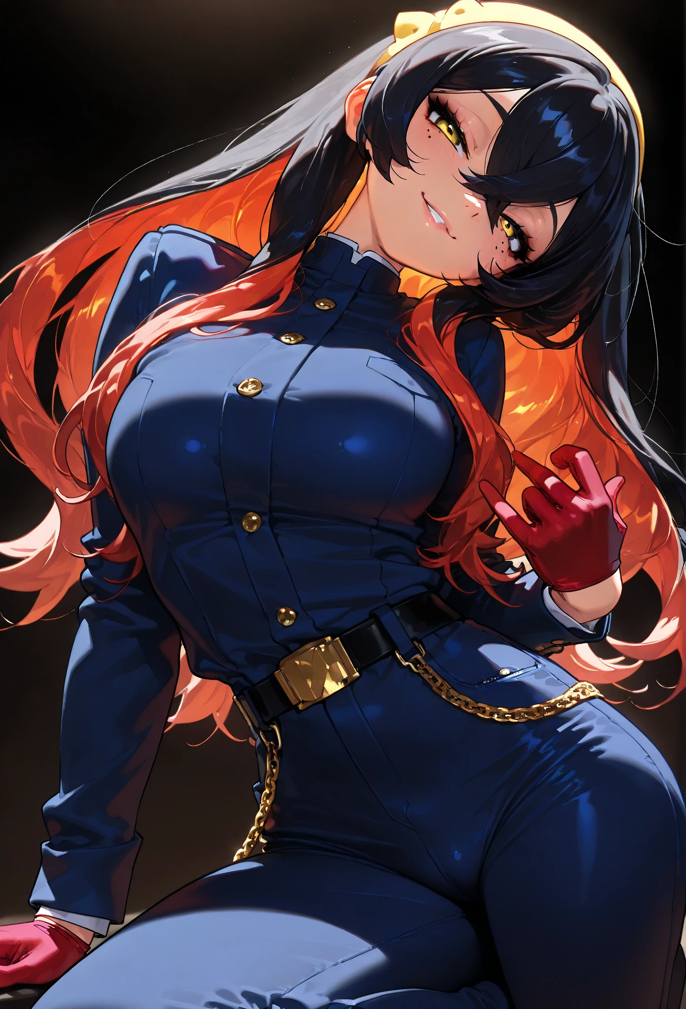 portrait, , cute girl, pokemoncarmine, black hair, colored inner hair, crossed bangs, hair between eyes, hairband, long hair, mole, mole under eye, multicolored hair, red hair, sidelocks, two-tone hair, yellow eyes, yellow hairband, buttons, long sleeves, jacket, gloves, red gloves, pants, belt, blue pants, blue jacket, black background, flawless smooth skin, oily skin, looking at viewer,  smile, head tilt, half closed eyes, (:0.7), (sagging :0.7), (best quality,4k,8k,highres,masterpiece:1.2),ultra-detailed, intricate details, high fashion, dramatic lighting, warm colors, chiaroscuro, dynamic angle, face focus, dynamic pose,  pose, (4 fingers), (1 thumb),