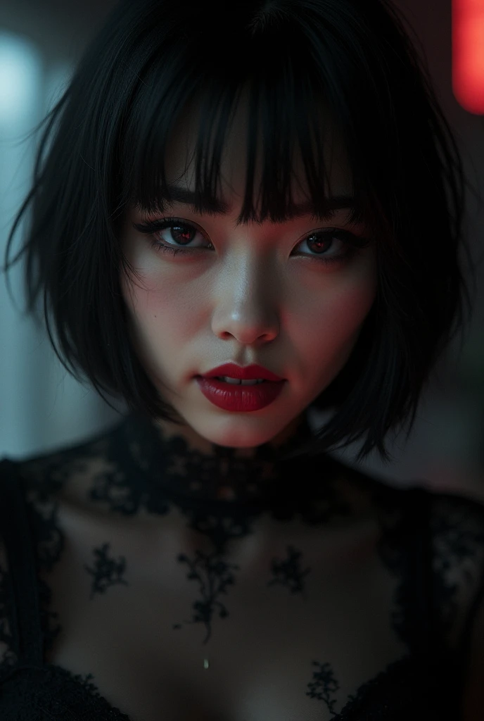 ((masterpiece , best quality, 8k,)), Korean woman in her 20s , slim , (huge breasts:1.3) , (I have a lot of hair.: 1.3), (messy hair:1.3) , Short hair style, (dark circles under the eyes:1.3) , (laugh: 1), (Dark cave: 1.2), (thin clothes: 1.3), devil, red lips, red eyeshadow