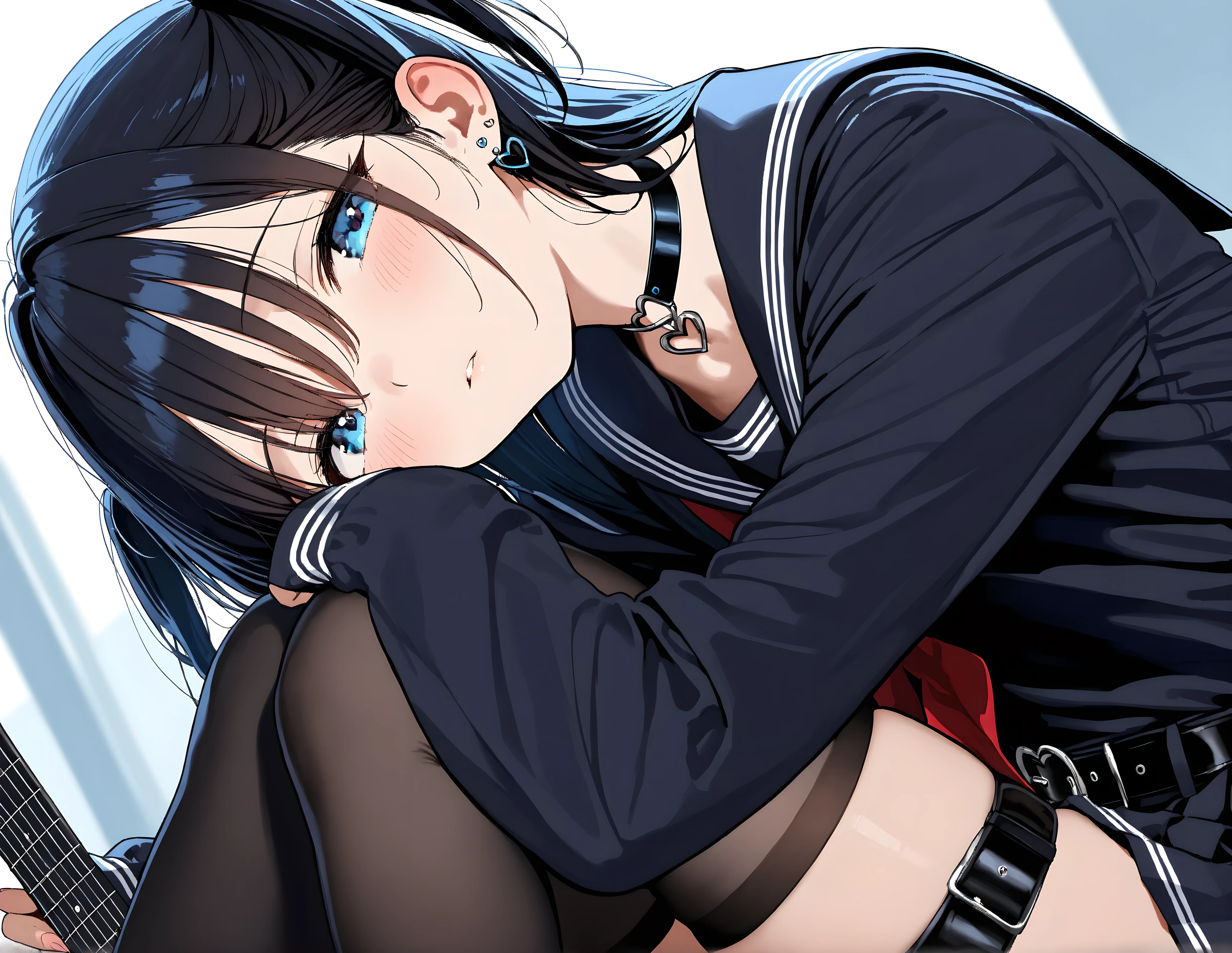 Best Quality, 超A high resolution, Photorealistic, (((one beautiful women,V arm)))、sofas,Hair between the eyes、Leaning forward、 Large , Holding, blush,(((1girl in))), Upper body, Room with window, Luxurious room、smil,((black serafuku,School uniform,Black Choker,Midriff,Lace-trimmed legwear,Sailor collar))