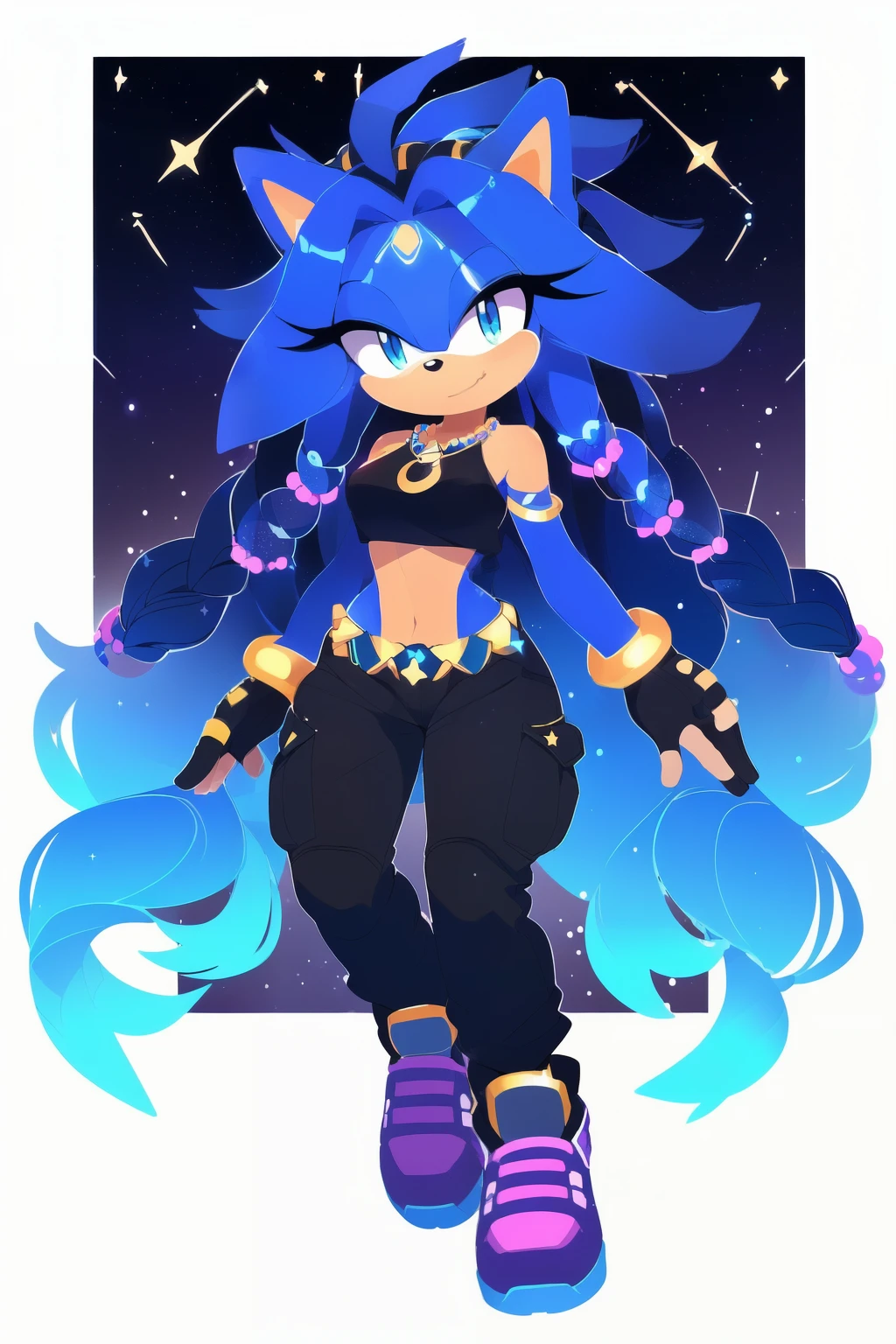 Sonic oc, Mobian, female, sonic the hedgehog but female, Cosmic hedgehog, A beautiful light blue hedgehog, purplish blue eyes, very long hair/quills, braided and beaded long hair bangs, long streaks of hair on each side of her face, (star constellation on hair, beads on hair, smooth fur, slim thick hourglass body, slim fit, wearing a black off shouldered cropped shirt, black cargo pants, black trainers, fingerless gloves, inhibitor ring, beaded hair and decorated with rings, flowing hair, cartoon style, flying, black background, dreadlocks hairstyle