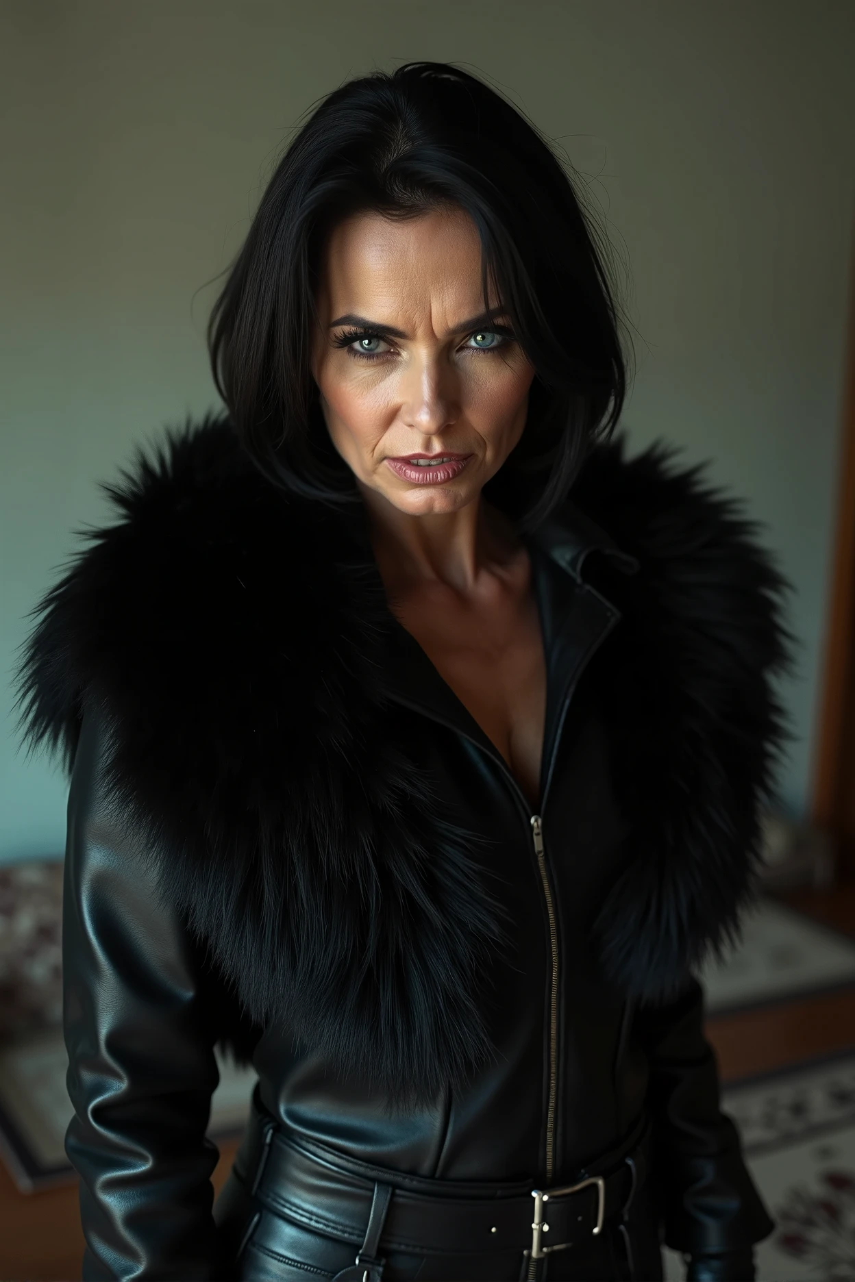 photograph, full body, of a beautiful mature woman, 60 years old, slim, skinny, petite figure, european, black hair, shoulder length bob, big bright light blue eyes, big ice blue eyes, eyeliner, aged skin, alightly wrinkled skin, pale skin, short black fur jacket, black tight leather jeans, wearing leather boots, posing, sexy, stern, domineering expression, low camera angle, highly detailed, high resolution, 4k