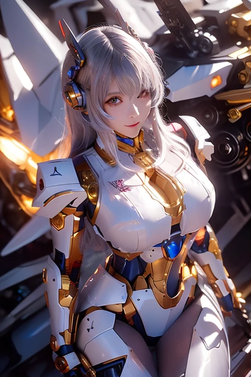 Female black and yellow mech sculpture,The mech is rich in detail,Mechanical skin texture,Silver robot wing detail,Silver lightning ball,holding knives,Explosive effect,Looking Up The Sky
