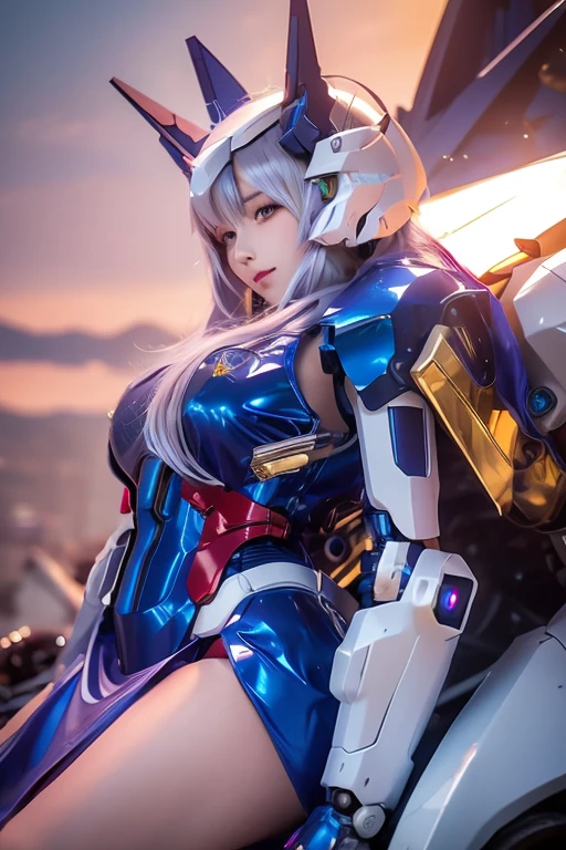 Textured skin, Super Detail, high details, High quality, Best Quality, hight resolution, 1080p, hard disk, Robot Girl,(Gundam Girl),beautiful cyborg woman,Mecha Cyborg Girl,Battle Mode,Girl with a Mecha Body,She wears a futuristic Gundam mecha,Fulll body Shot,Mobile Suit Girl