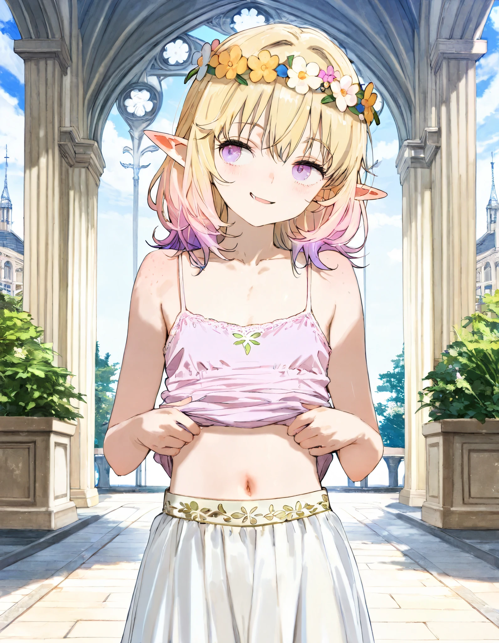 young man, (((male))), (((one person))), single, solo, (((very light blonde hair))), (((pink colored eyes))), (medium short hair), wavy hair, slim body, ((flat chest)), wearing fantasy clothes, fantasy style, (((wearing flowers in his hair))), ((pointy ears)), flowers, sunny weather, smiling, (light pink eyes)