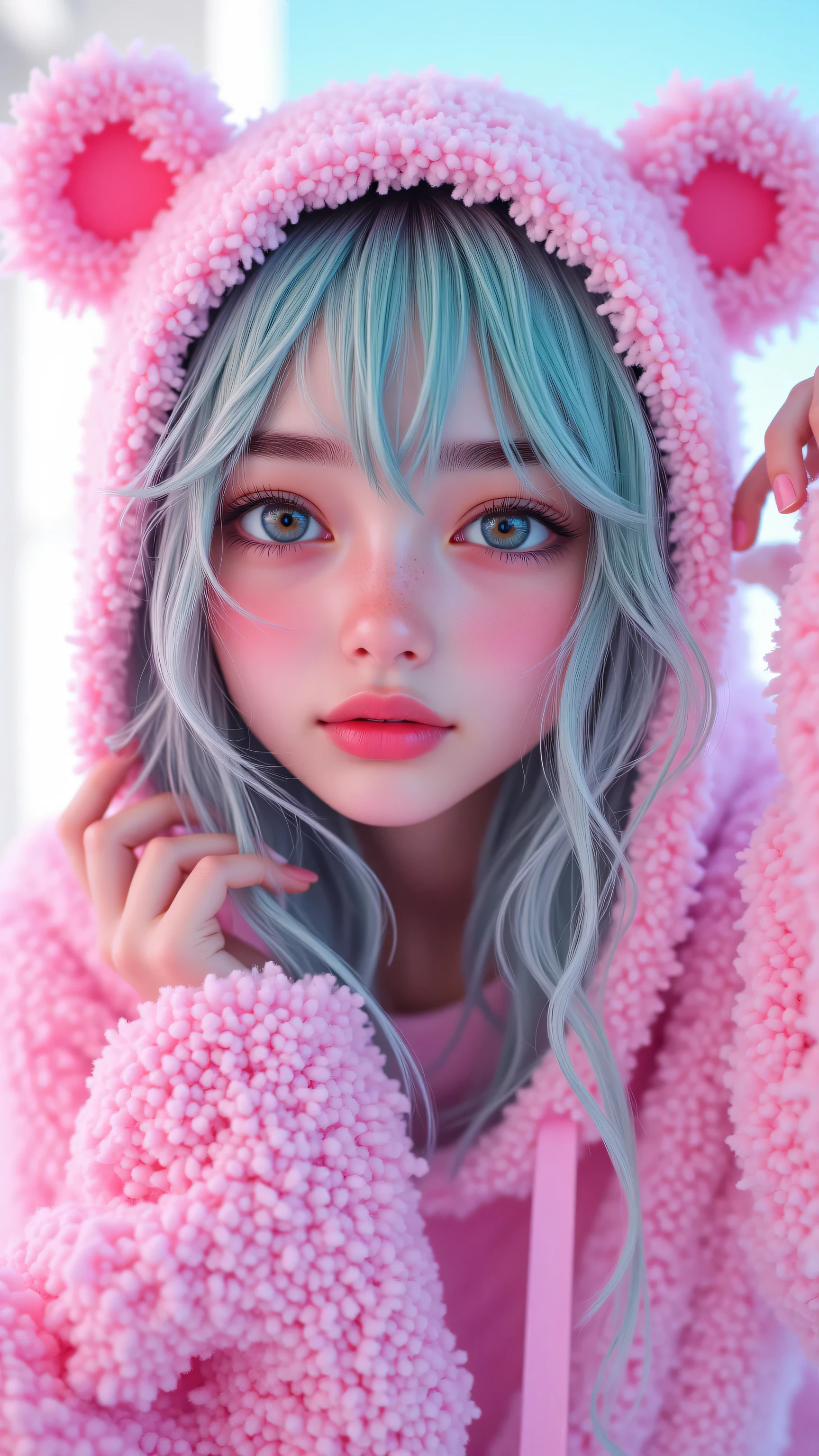 8k, Masterpiece, Top Quality, 3D animated character, Beautiful Women, big expressive eyes, Pixar style, high detail, vibrant colors, cheerful expression,,Pastel, young woman with mint green hair, pink fluffy bear ears hoodie, soft pink lighting, neon glow, dreamy atmosphere, ethereal beauty, anime-inspired, high detail, digital art, cinematic lighting, shallow depth of field, vibrant colors, futuristic aesthetic, kawaii style