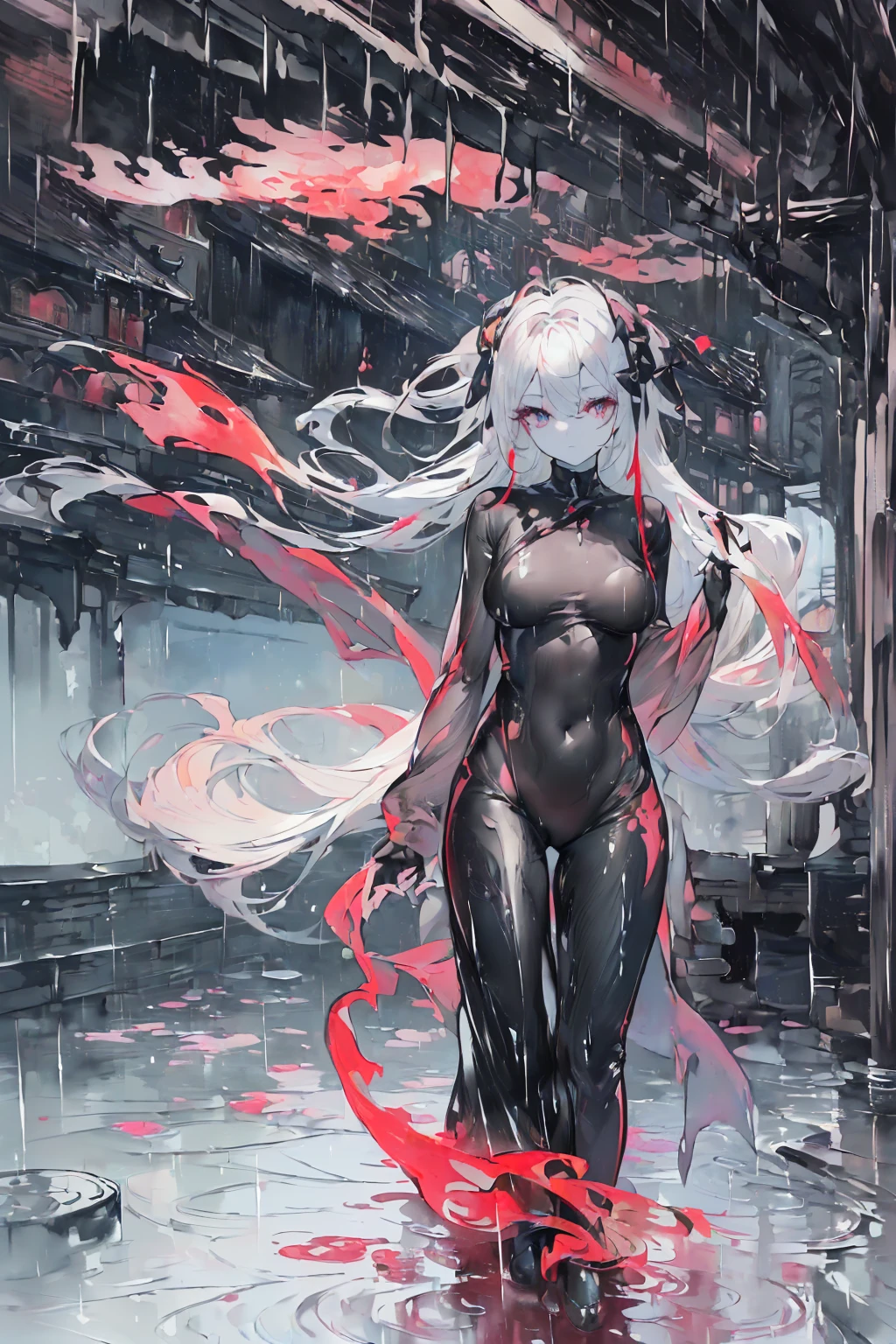 a girl,crawling on all fours, Sheep's horn, full color, long white hair, Red Eyes ,Eyeliner, , Turn your hips, immerse in water, black transparent clothes, Red, open air, Rose, night, ruins, Butterfly,back view,big asutt close-up