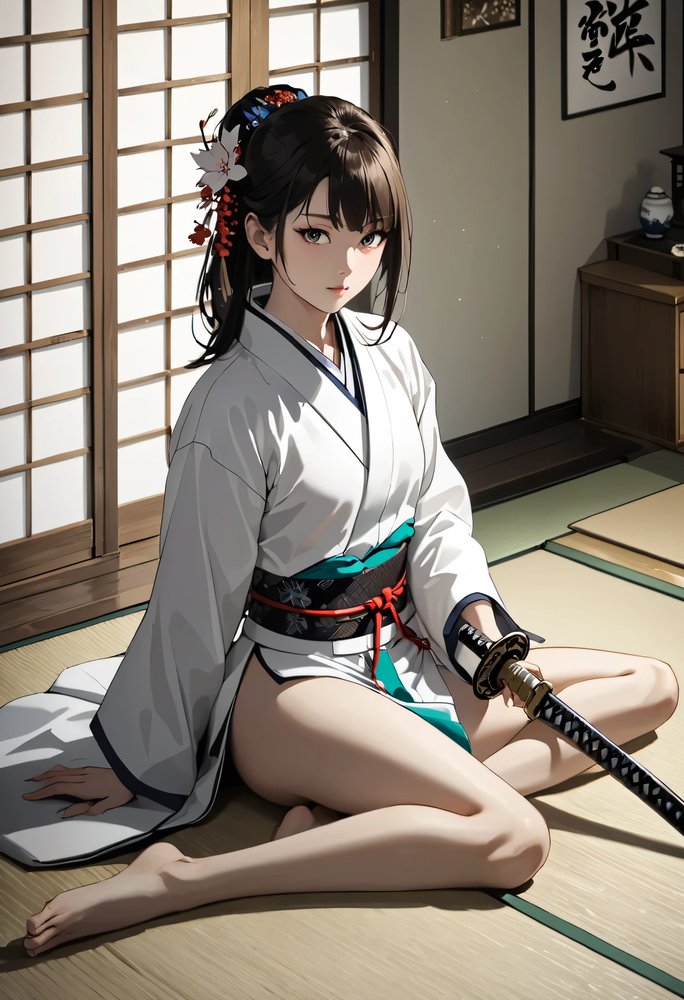 gorgeous girl , side sitting on ground(one leg up on leg on ground) , anatomy correct, Japanese tatami style room ,detailed traditional Japanese room, holding a katana in her hand, high light contrast , bare legs , ultra detailed, lovely, photographic