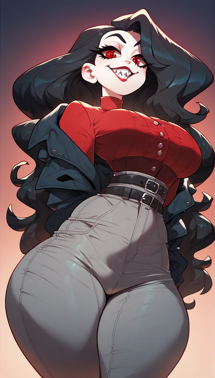 Full body image of Yumeko Jabami from Kakegurui, full body in image, wearing her original outfit (Hyakkaou Private Academy uniform with a red blazer, black skirt, and white shirt with a bowtie), long black hair, female body, slender and curvy body, dynamic pose, detailed pose, simple background, expressive face showing an excited smile, focus on face, line art, sketch