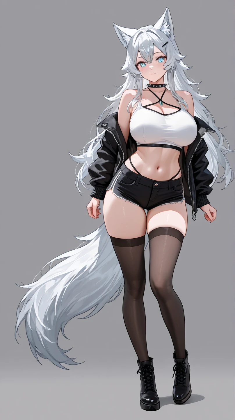 Full body portrait, single woman, especially detailed face, masterpiece, 4k, wallpaper, highlydetailed face, ultra-detailed face, voluptuous, big breasts, curvy, long hair, gray-silver hair, a young wolf woman, wolf ears, wolf tail, long wolf tail, wolf-like irises, beautiful, enchanting, bright yellow eyes, detailed eyes, ultra-detailed eyes, accurate eyes, detailed irises, correct body proportions, elegant, small vertical scar under right eye, small rosy lips, big breasts, slender elegant arms, pretty hands, detailed hands, charming, slight blush, smug smile, black stylish shorts and top outfit, detached sleeves, light black armor, armored bike shorts, two piece outfit, black armored fur cloack, black metal armor, bare off shoulders, toned abs, exposed belly, standing pose, hands on hips pose, cute pose, black silk thighigh on the left leg, sole girl