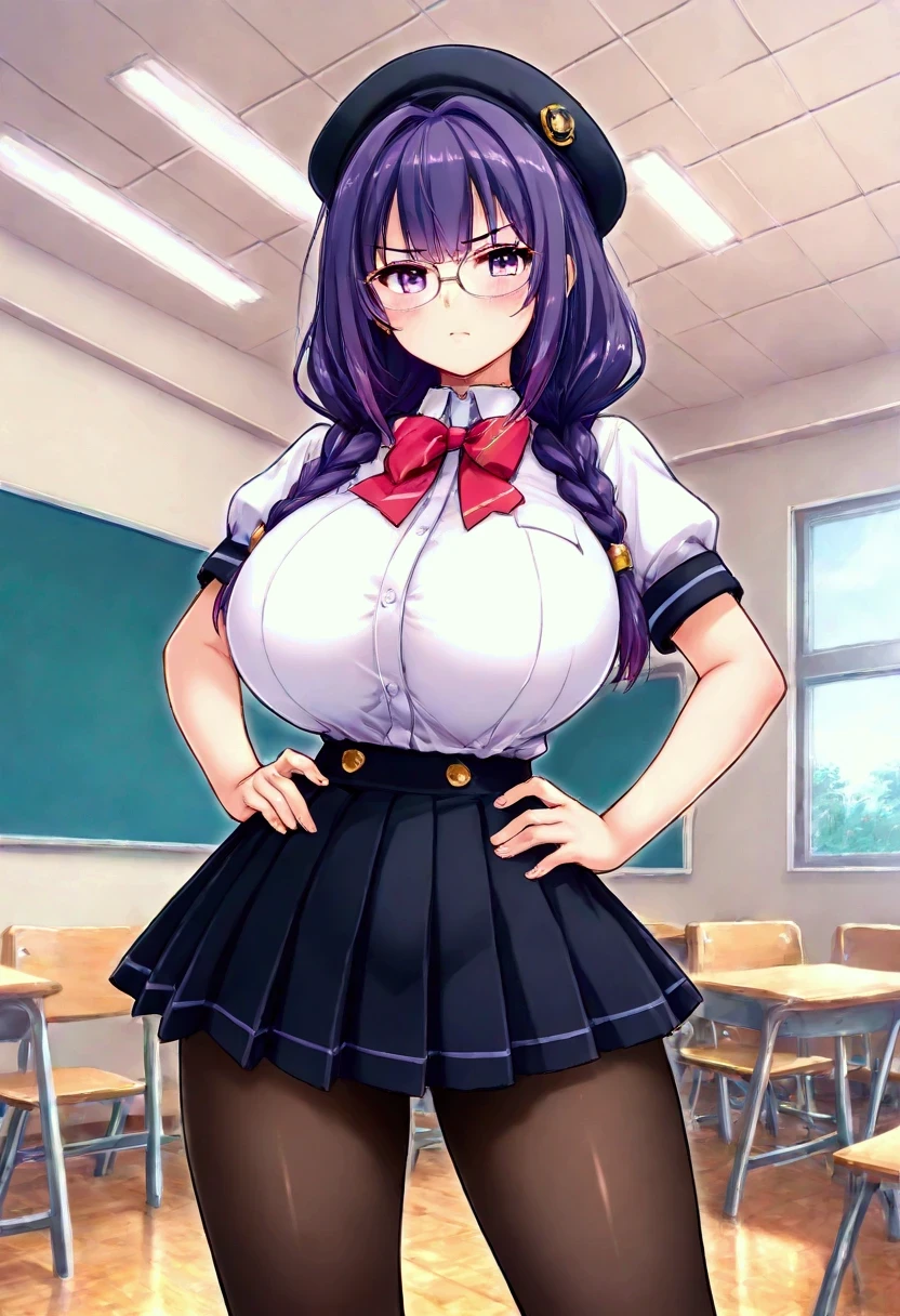 32k, ((Masterpiece, Best Quality)), edgQuality, edgBIC, bow, jacket, pleated skirt, shoes, The Great Passage, plaid, plaid skirt, blazer, red ribbon tie, tootsuki , skirt, plaid skirt, pleated skirt, plaid skirt, Neckband, wide, purple eyes, Thighs, Side locks , BIG BREASTS, long blue hair, with long ponytail, with red ribbon in her hair, purple eyes, looking at the viewer, blush, SMILE, Open mouth, in a office, day, using edgBIC, in a public school .