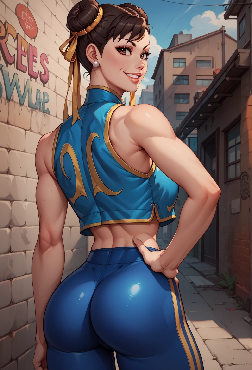 score_9, score_8_up, score_7_up, score_6_up, source_cartoon, BREAK masterpiece. CHUNLIAL, brown eyes, double bun, yellow ribbon, blue bodysuit, crop top, sleeveless, breasts, hand on own hip, looking at viewer, smile, parted lips, back, back view, smile, parted lips, alleyway, concrete wall, graffiti,