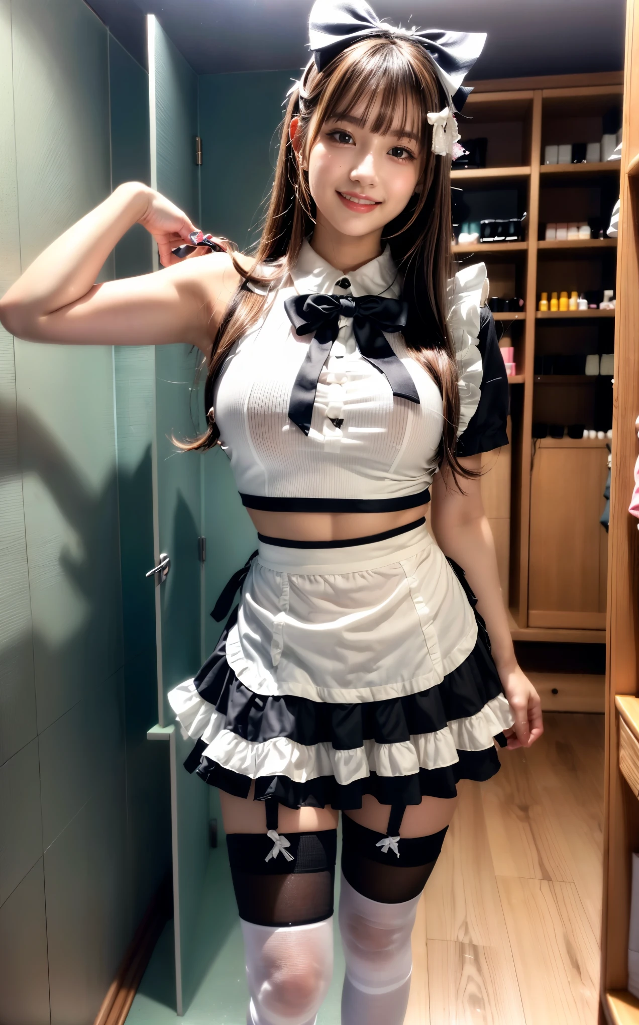 smile、Ami Maejima、maeshima ami、Armpit、Leg spread、maid costume、chest、Thighs、smile、solo girl、Black Skirt、Frillaid