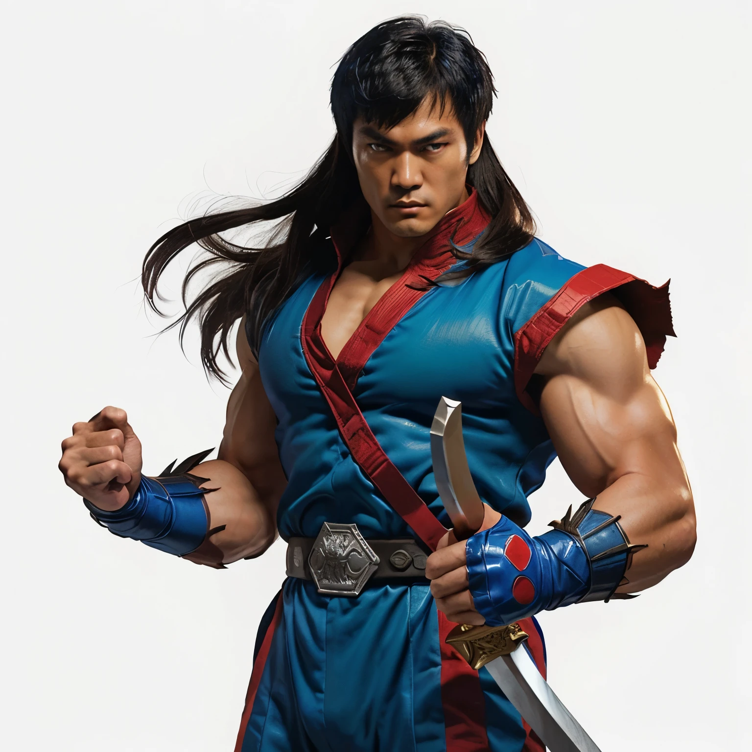 [masterpiece], Portrait of Liu Kang, best quality, red headband, red tank top, black pants, wrist guards, [Sunset in background]