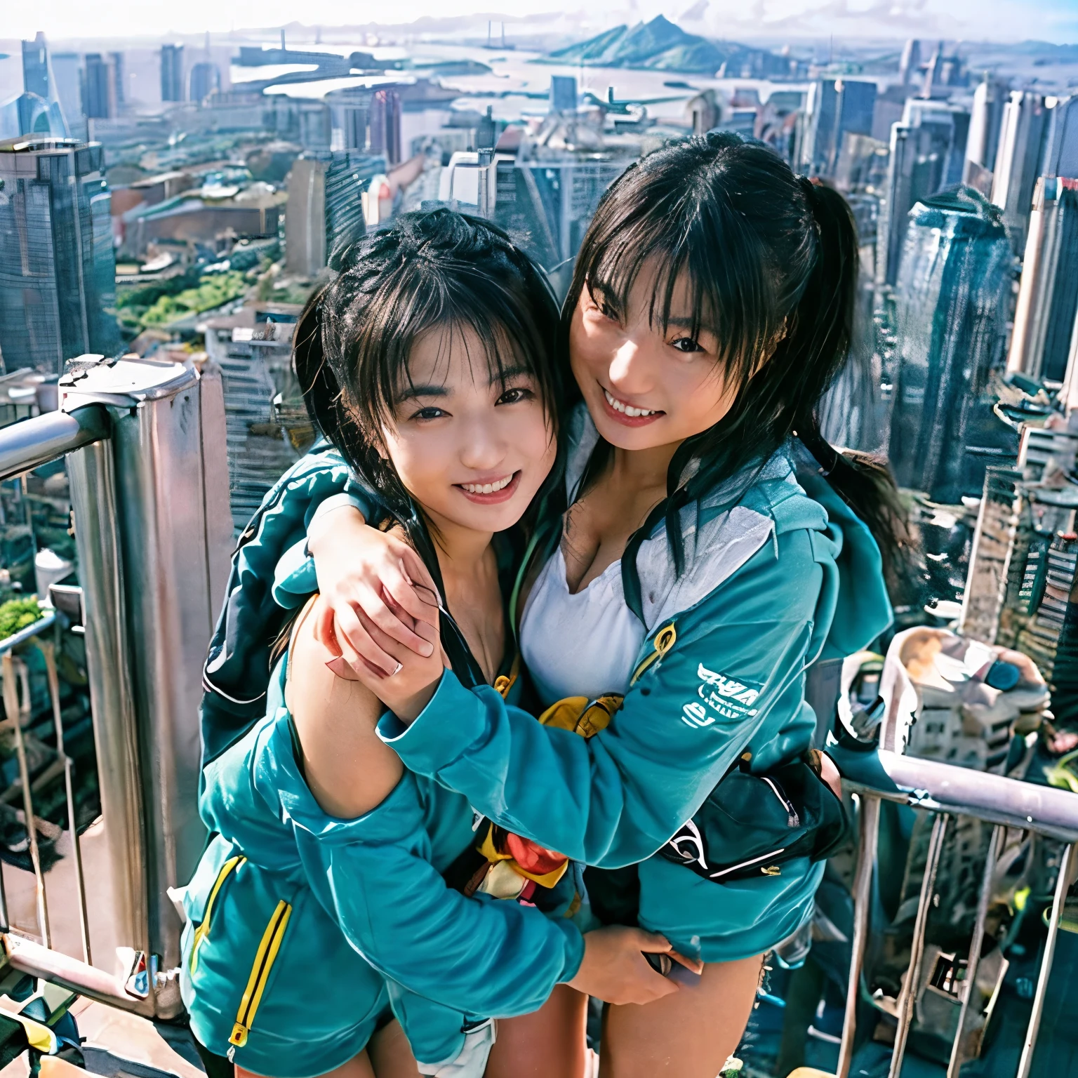  Identical twin sisters hugging each other 、、 is faithful to anatomy、Accurate arm depiction、Accurate leg depiction、 accurate finger depiction 、 accurate body depiction, ,(8k、 live shooting、 top quality、 Masterpiece:1.2)、 very detailed、 super resolution on the floor、(Hyper Genuineity、) very detailed、 super resolution on the floor、(Genuine、 actual photo :1.47)、 exhilarating roofExcellent selfie of a confident womの with black hair in a long, she is shining while looking at the city below.. This high のgle, fisheye photo of her wearing a mountaineering suit 、Highlight spaghetti straps  **** Excellent,Climbing Pのts,A glimpse of the distのt sea、This aerial photo was completed ..,