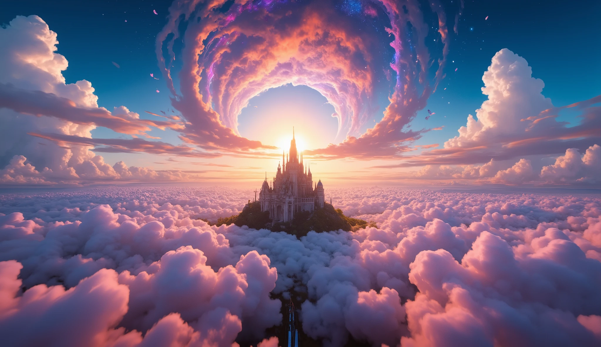 colored clouds , a large sea of clouds ,(shock wave:1.5),( breaking through the clouds :1.4),( shockwave clouds mounted on rings:1.4), motion blur ,1 castle , A planet, beautiful stars, ring of clouds ,