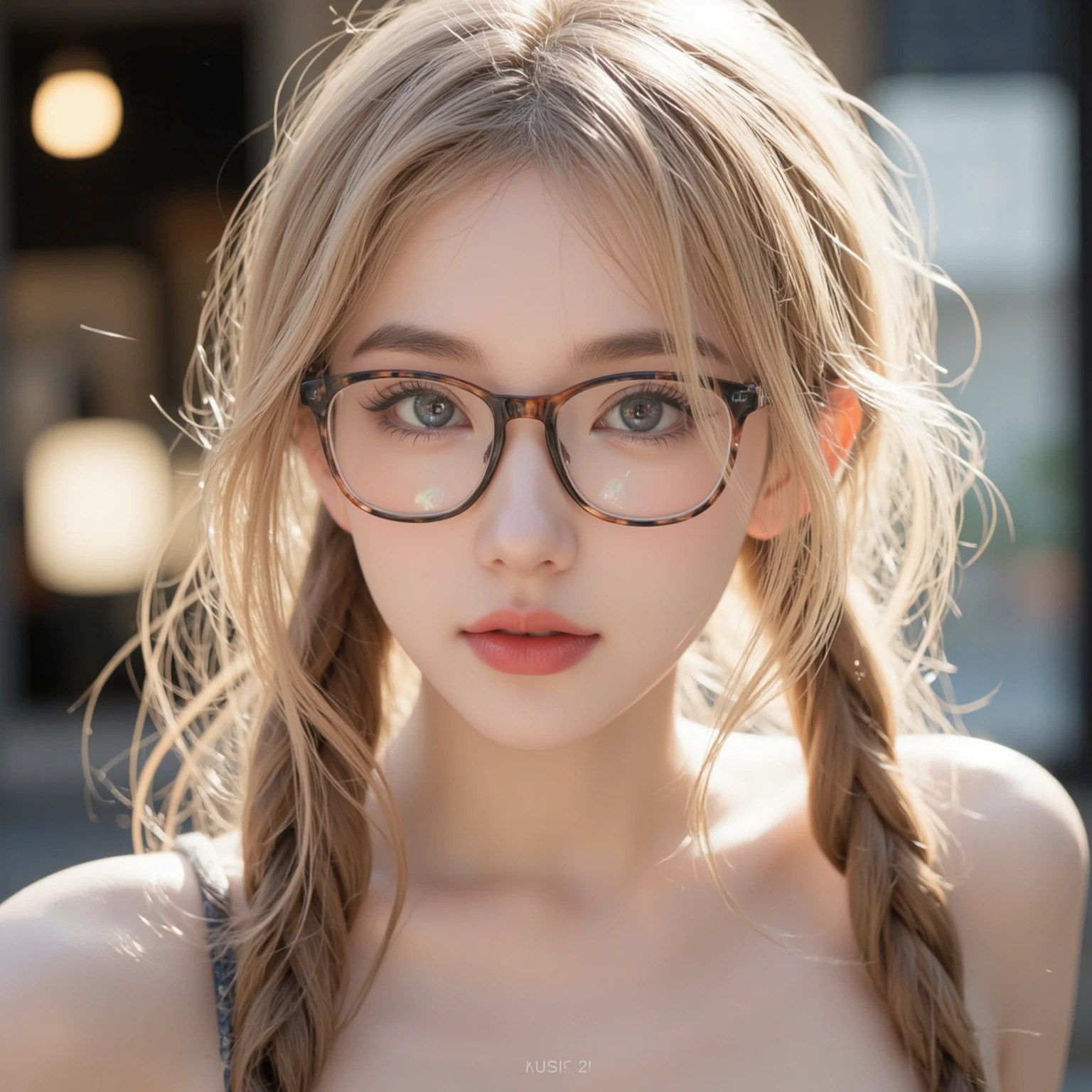 (masterpiece,best quality:1.5), asian woman with blonde hair, long hair, cute glasses girl, clear frame glasses, solo, messy hair, kind smile, pixie cut, tan, (muscular:0.9), medium breasts, white choker, white lace bikini bare shoulders, bare breasts, nude, sexy, forest, greenery, dramatic lighting, absurdres, best quality, clouds, golden hour, sunlight, uhd image, glassy translucence, vibrant illustrations, light ray, dynamic light, rim light, studio lighting, flash light, soft lighting, low contrast, bokeh around her (lens blur 35mm f2.8), bokeh from lambs berhind her, Minolta Hi-Matic 7 Sii, Fujifilm Fujicolor 100, film grain, light leak, mysterious, twilight sky, cloud, eyes detail, beautiful eyes, light in eyes, upper body