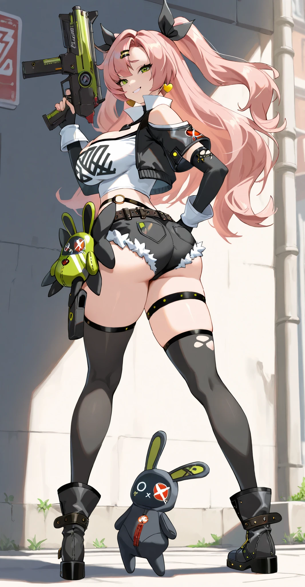 ultra-detailed, 1girl, nicole_demara, Zenless Zone Zero, (best quality), ((masterpiece)), (highres), 16K, green eyes, perfect face, long hair, pink hair, twintails, hair ribbon, wearing black shirt, wearing bootyshorts, black thighhighs, thigh straps, knee pads, holster, black gloves, belt, sports shoes, busty body, large breasts and a beautiful ass, showcasing cleavage, legs, hips, gun, holding gun, looking at viewer, smile, detailed full body, thigh details, street background,voluptuous, thick ass, huge hips