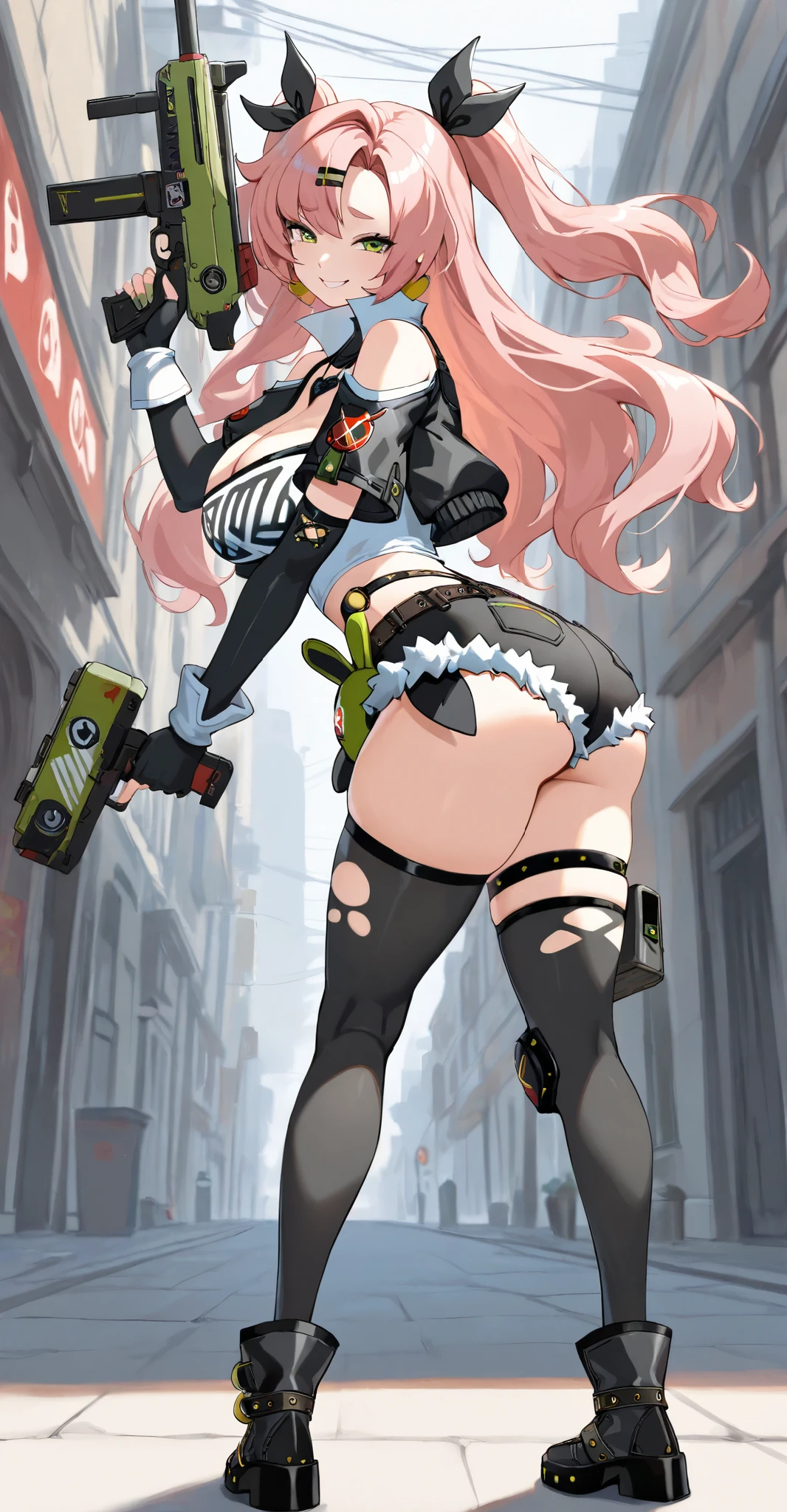 ultra-detailed, 1girl, nicole_demara, Zenless Zone Zero, (best quality), ((masterpiece)), (highres), 16K, green eyes, perfect face, long hair, pink hair, twintails, hair ribbon, wearing black shirt, wearing bootyshorts, black thighhighs, thigh straps, knee pads, holster, black gloves, belt, sports shoes, busty body, large breasts and a beautiful ass, showcasing cleavage, legs, hips, gun, holding gun, looking at viewer, smile, detailed full body, thigh details, street background,voluptuous, thick ass, huge hips