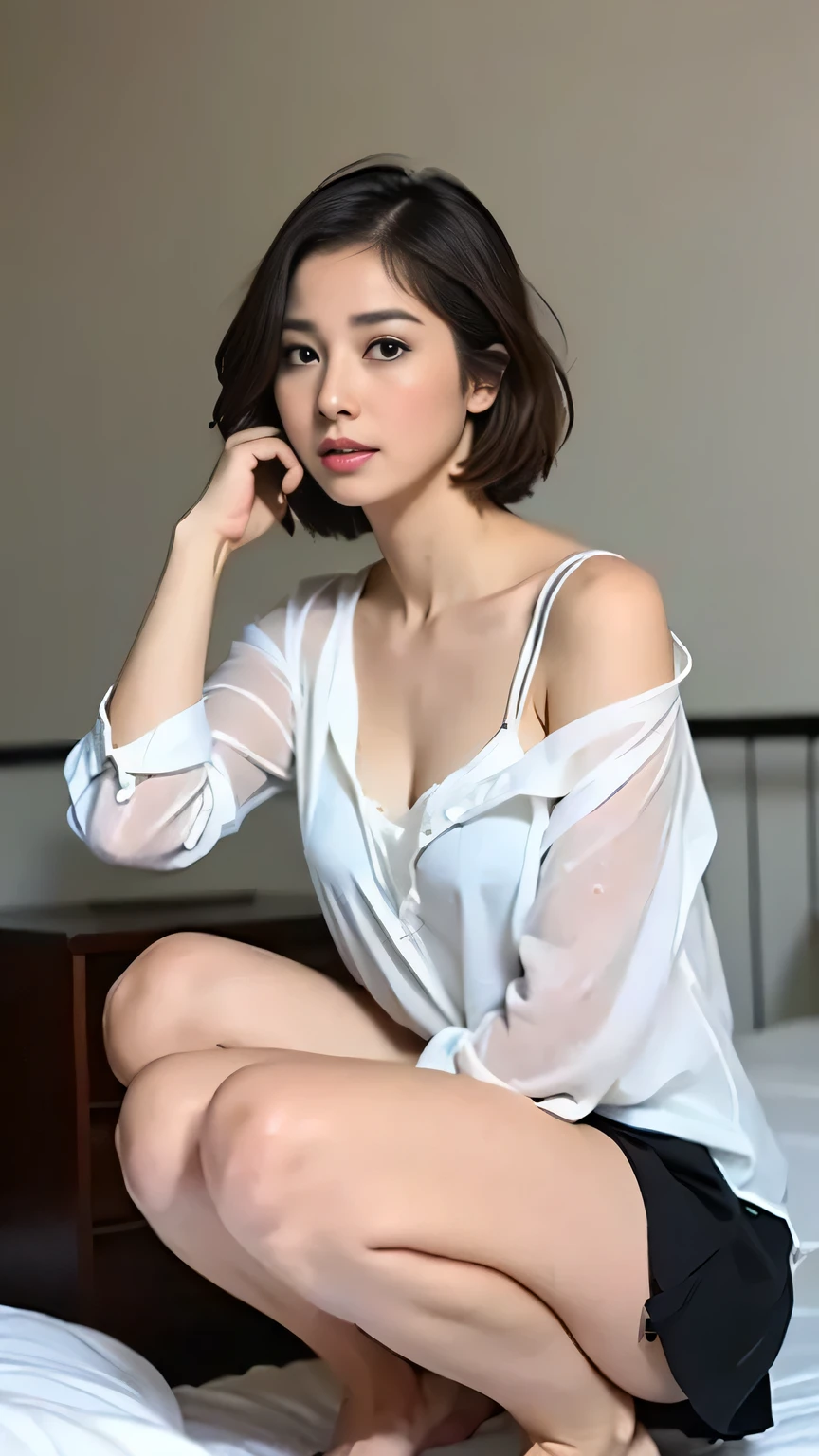 masterpiece, 1 beautiful girl, on bed, medium perm hair,  detailed eye, Puffy eyes, rim lights, Asian Beauty, white shirt, white skirt, straight short hair, hair messy, black hair, age 24, top-quality, high resolution, (Realisticity: 1.4), Super beauty, Beautiful skin, (A hyper-realistic), (hight resolution), (8K), (highly detailed), (beautifully detailed eyes), (ultra-detailliert), (wal 1-), (Natural smile).