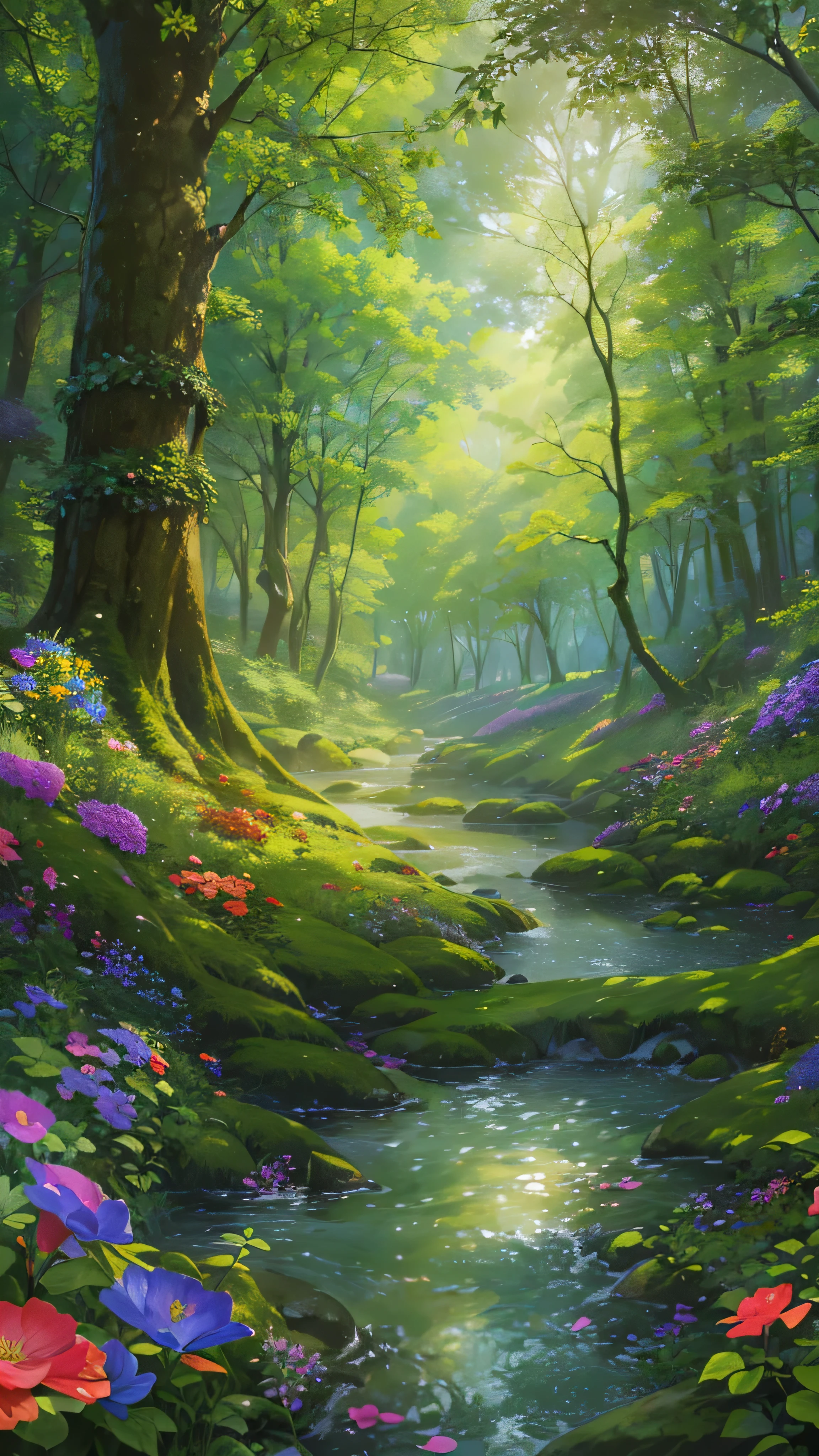Painting of a stream in a forest with flowers and trees - SeaArt AI